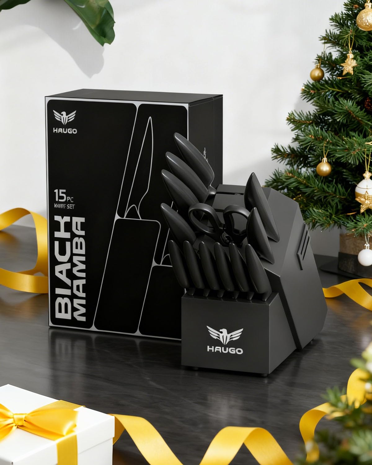 Haugo Kitchen Knife Set with Block: 15-Piece High Carbon Stainless Steel Professional Knives - Dishwasher Safe and Sharpener - Comfortable Grip Reduces Hand Fatigue 30% - Black Knife Set for Cooking