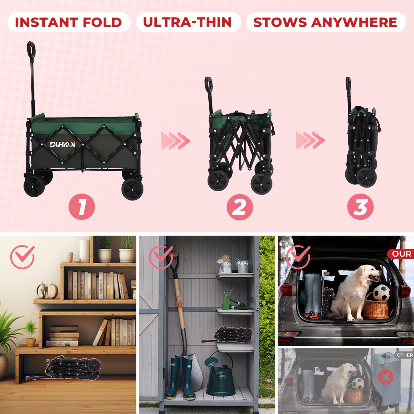 Duhkoi Collapsible Wagon Cart with Wheels Foldable,11 lbs Lightweight Portable Folding Utility Wagon,90 L Heavy Duty Grocery Shopping Carts,Versatile for Garden Sports Camping Outdoor Use (Black Gray)