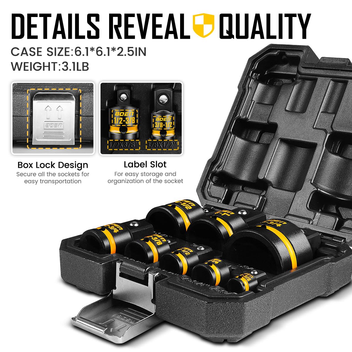 BOEN 8-Piece Impact Socket Adapter & Reducer Set, 1/4, 3/8, 1/2", 3/4", Cr-Mo Steel Impact Driver & Wrench Conversion Kit with Deep Embossed and Painted Marking