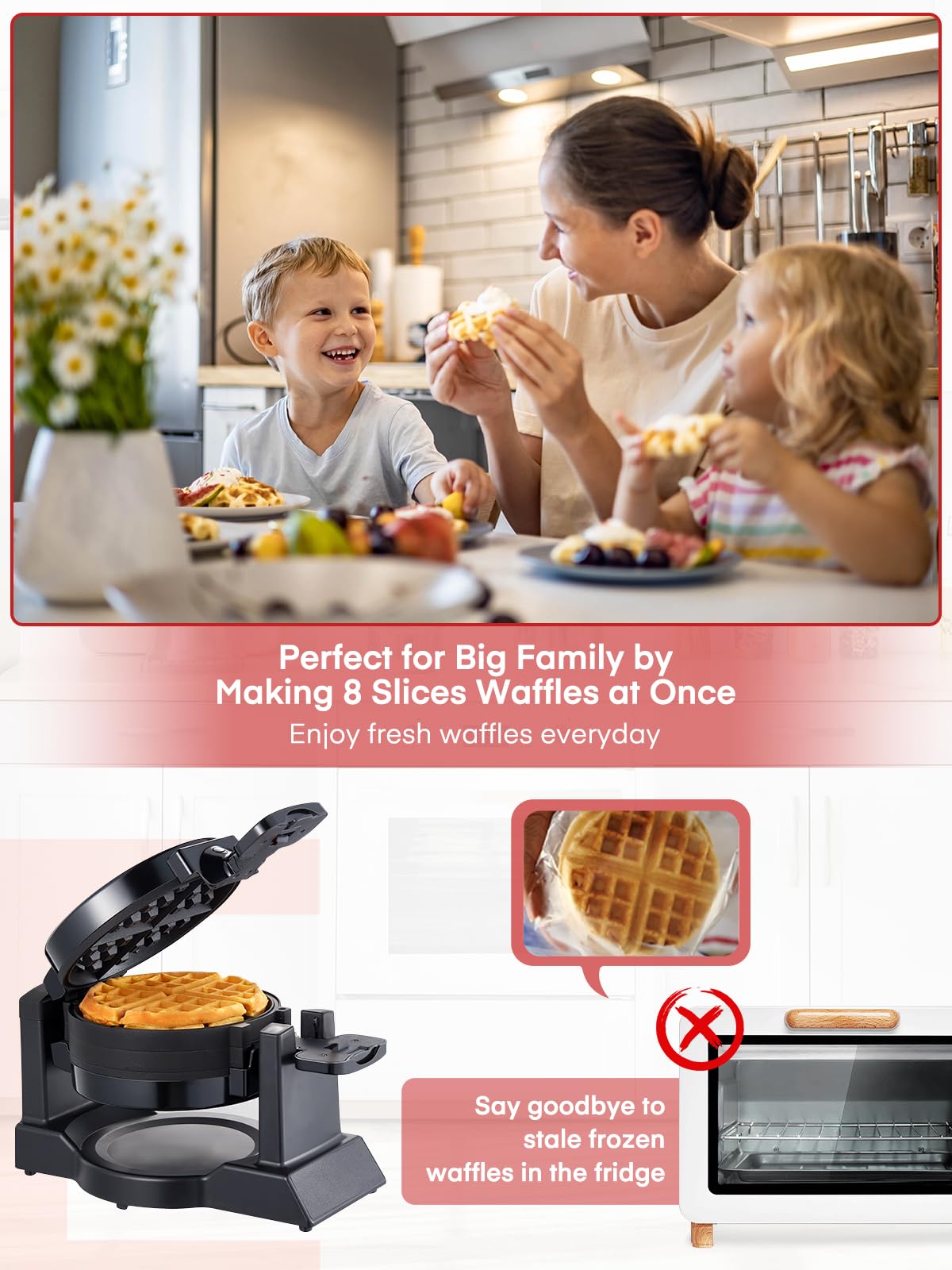 FOHERE Waffle Maker, 8-Slice Belgian Waffle Maker, 180° Rotating Waffle Iron with Double Waffle Plates, Nonstick Plates and Removable Drip Tray, Cool Touch Handle (Large)