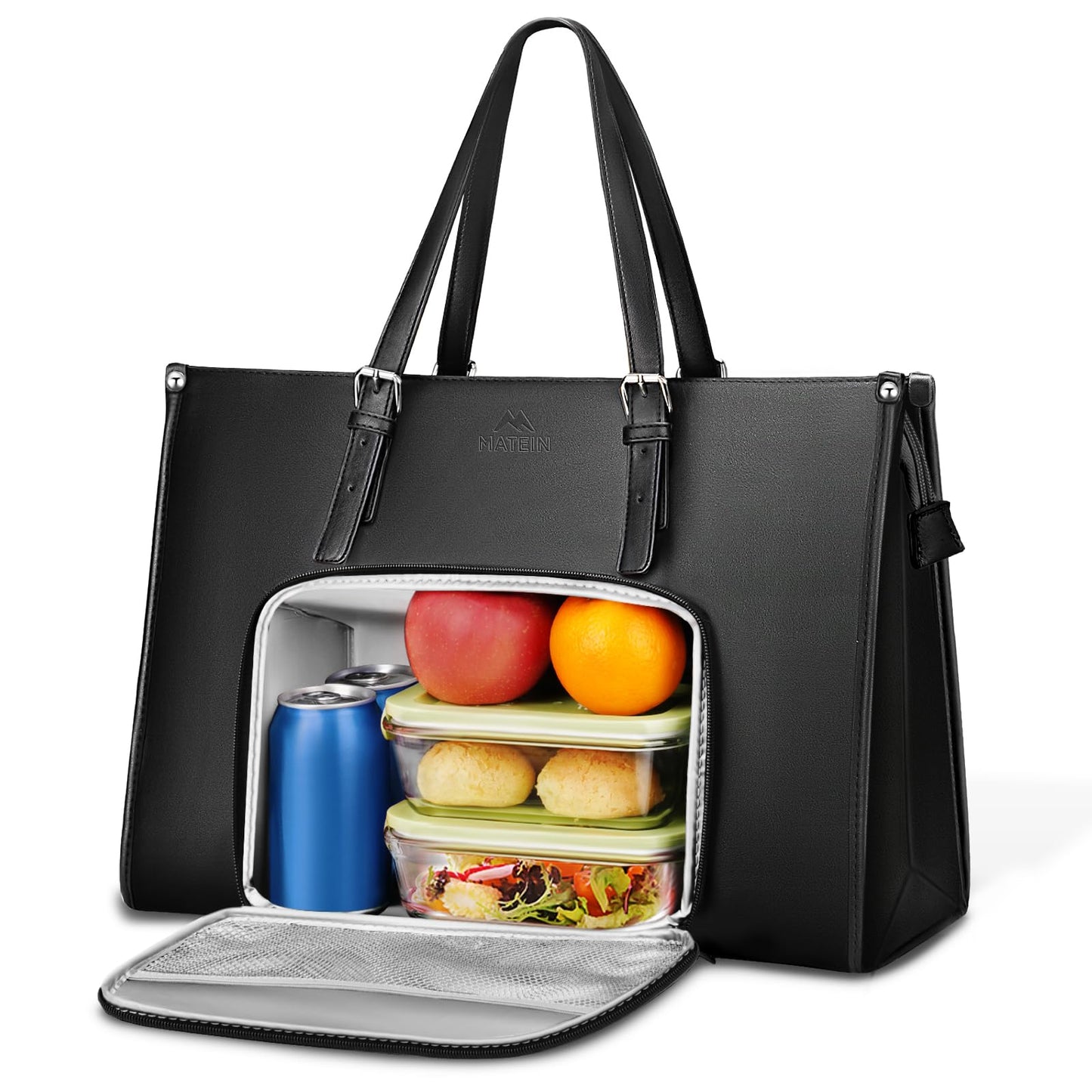 MATEIN Insulated Lunch Bag for Women, 15.6 Inch PU Leather Laptop Tote Bag with Leakproof Lunch Box Pocket for Women, Convertible Lightweight Computer Work Bag, Black
