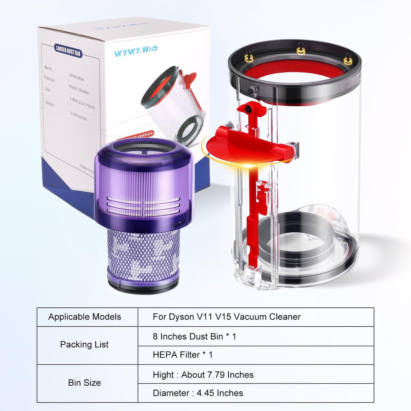 Upgraded Canister Replacement for Dyson V11 V15 SV14 SV15 SV22 Vacuum Cleaner Dust Bin, for Large Bin Part no. 970050-01 and Part no. 965443-01 with HEPA Filter