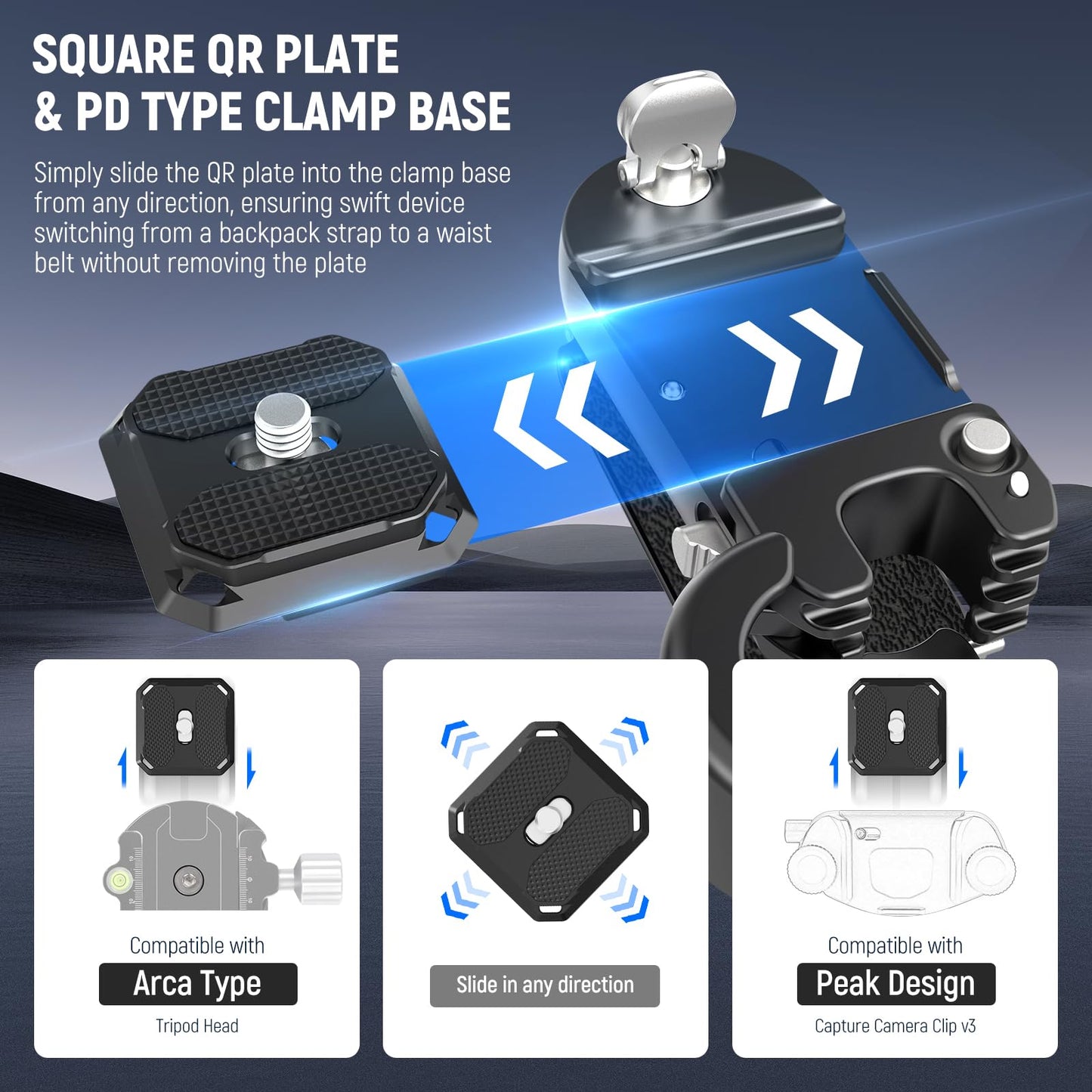 Neewer Backpack Camera Clip Mount with Square QR Plate, Upgraded Safety Latch, Quick Release Camera Belt Clip Backpack Strap Compatible with Peak Design PD QR System Canon Nikon Sony DSLRs, GP67