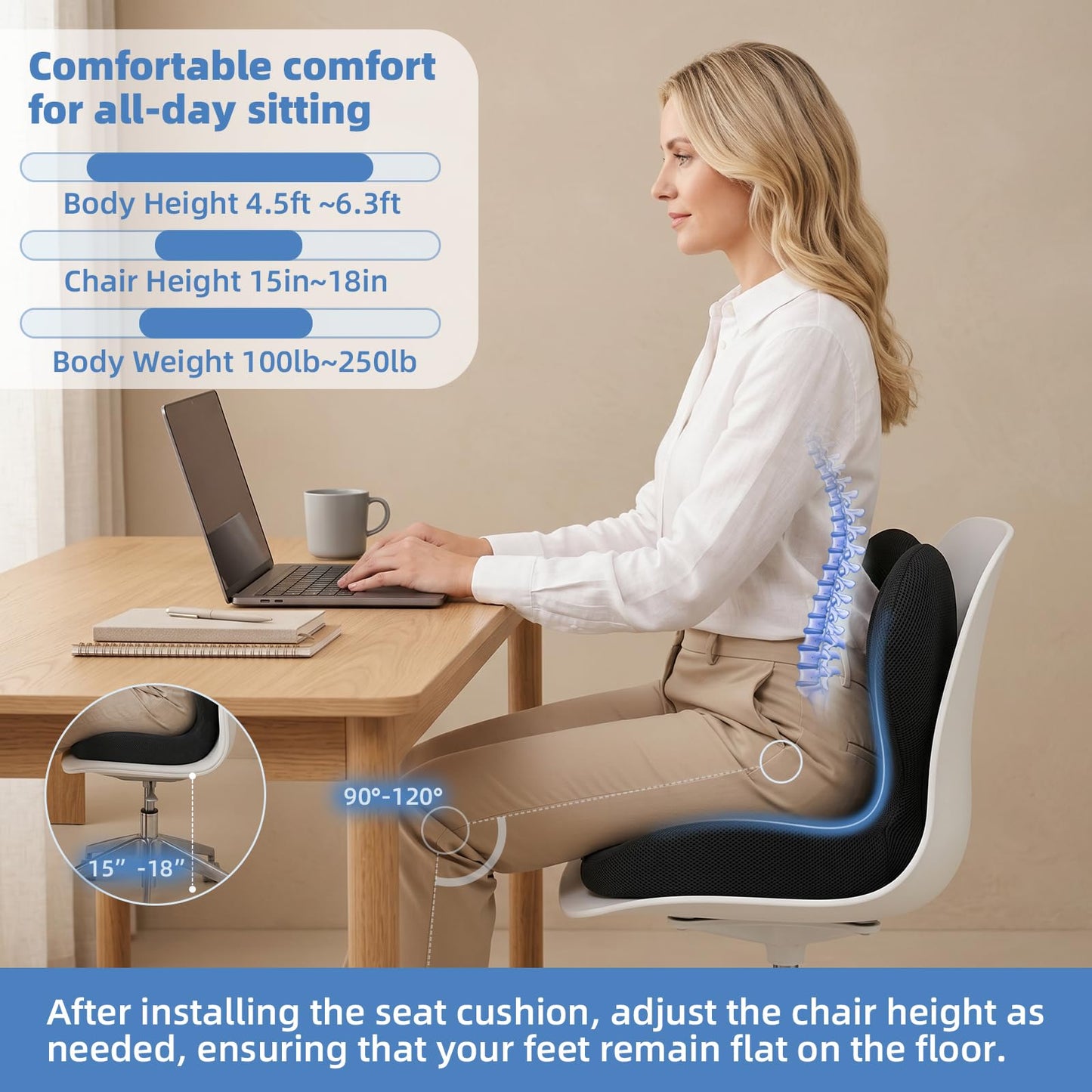 Ergonomic Seat Cushion,Memory Foam Cushion for Office Chair,Non Slip Car Seat Cushion,Designed for Long Sitting,Tailbone,Back Pain Relief,for Office,Home,Car Drivers,Desk Chair