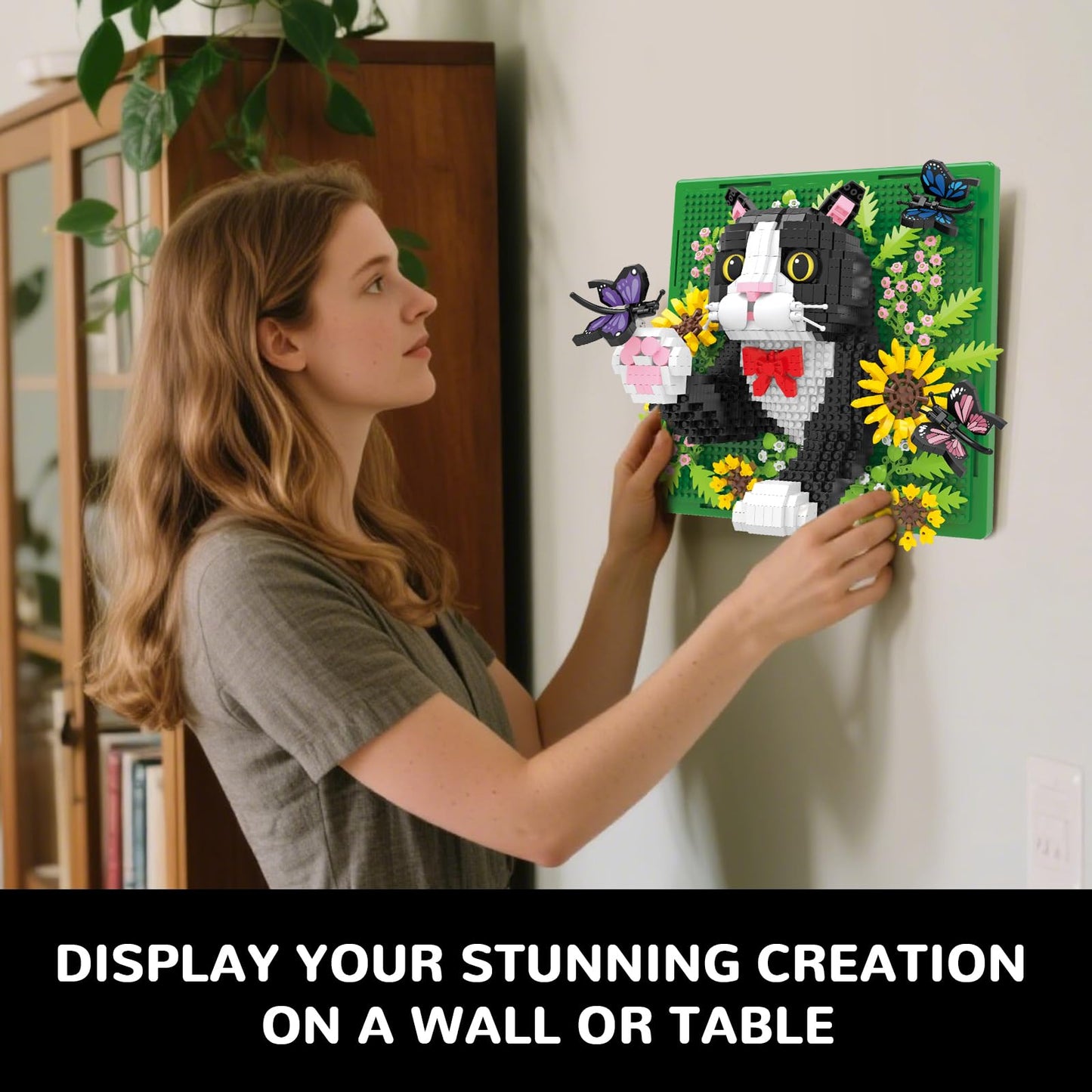 Flowers Tuxedo Cat Animal 3D Wall Art Micro Mini Building Blocks Set, Unique Home Wall Decor or Table Display, No Compatible with Lego, Ideal Gift Toy for Adults & Boys Girls 14+ (1402 PCS)