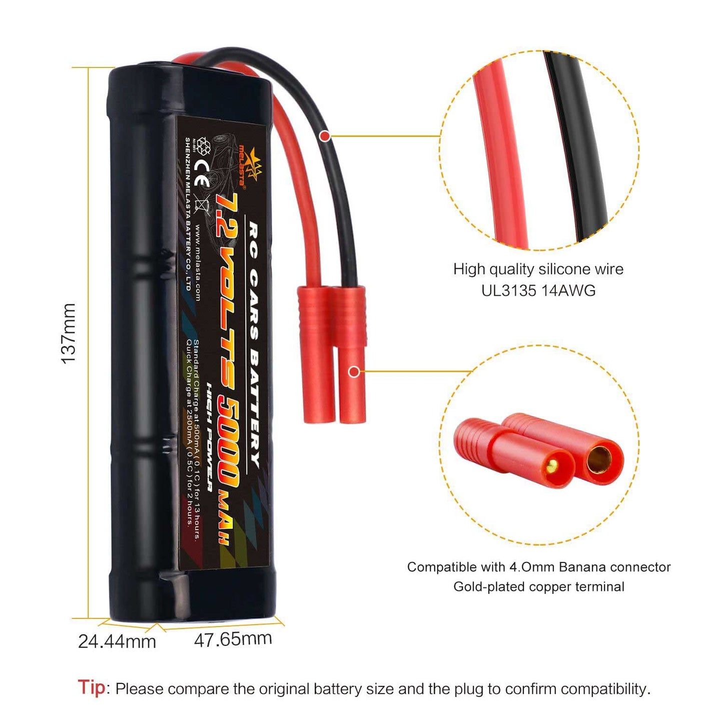 MELASTA 7.2V 5000mAh NiMH RC Battery Packs for Redcat Racing Vehicles with Banana Connector