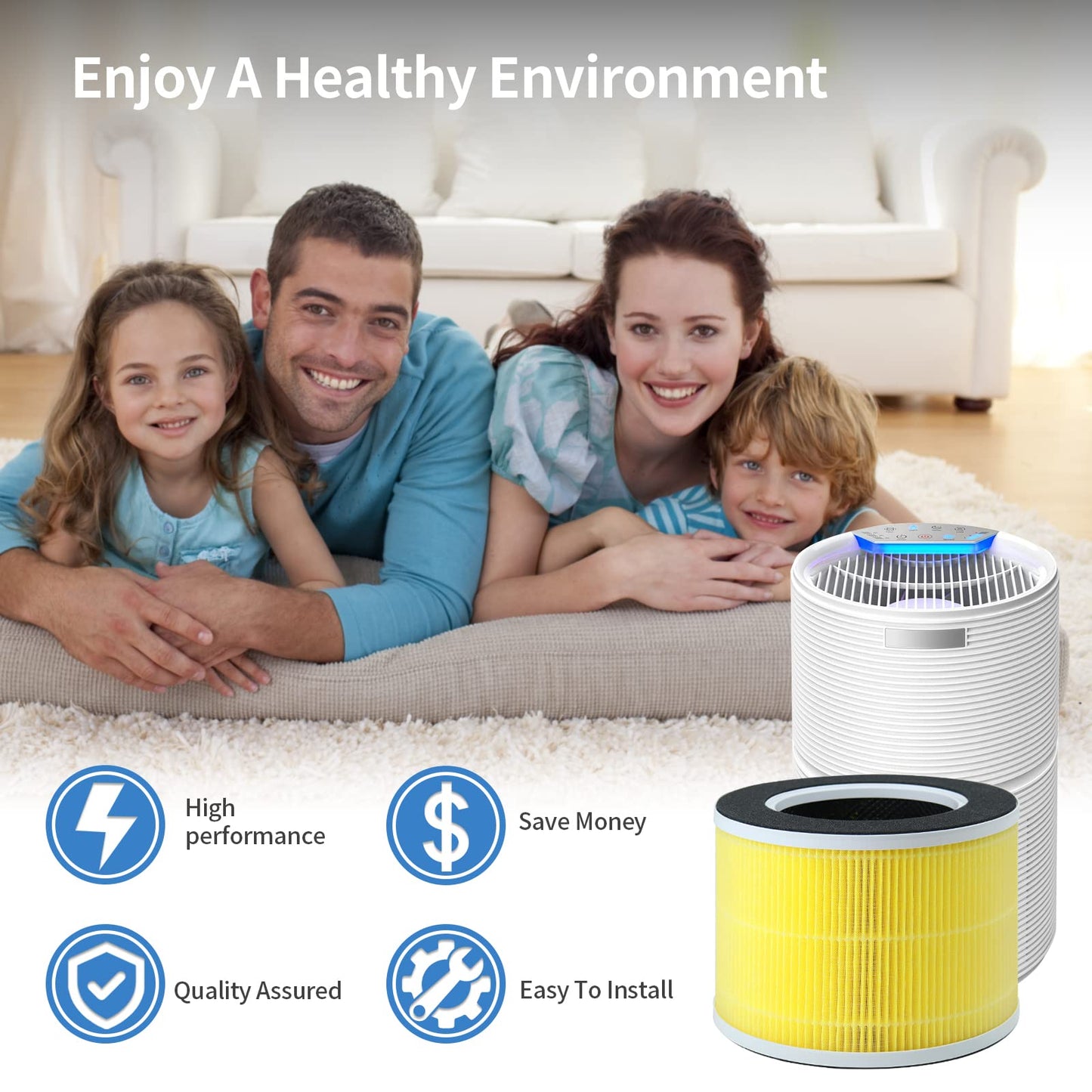 SAKEGDY Replacement Filter Compatible with RENPHO RP-AP088 Air Purifier Model RP-AP088B RP-AP088W (Part# RP-AP088-F1, RP-AP088-F2), 5-in-1 Filtration with H13 True HEPA, 2 Pack
