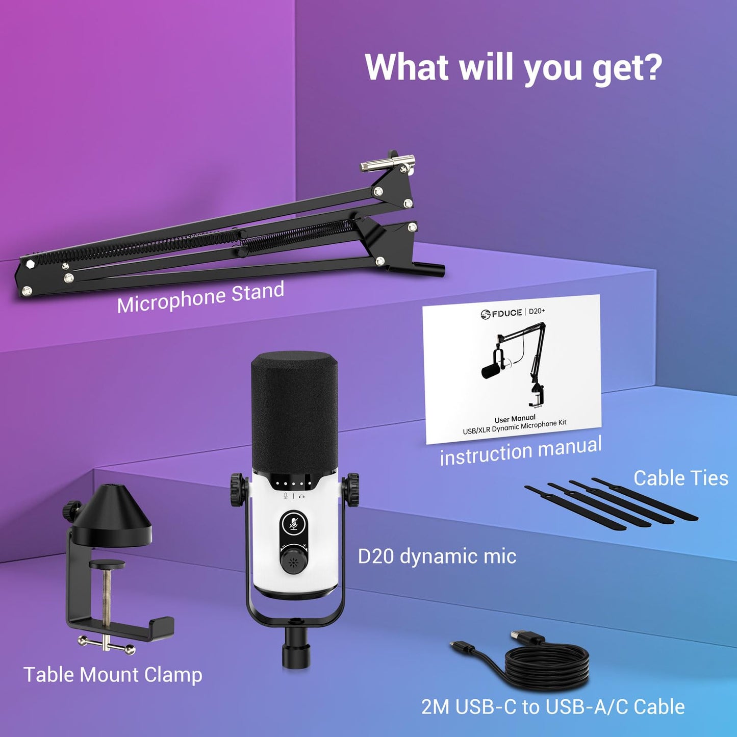FDUCE USB/XLR Gaming Dynamic Microphone for Podcast Recording, PC Computer Gaming Streaming Vocal Mic with RGB Light, Mute Button, Gain Knob, Headphones Jack, with Boom Arm (D20+)