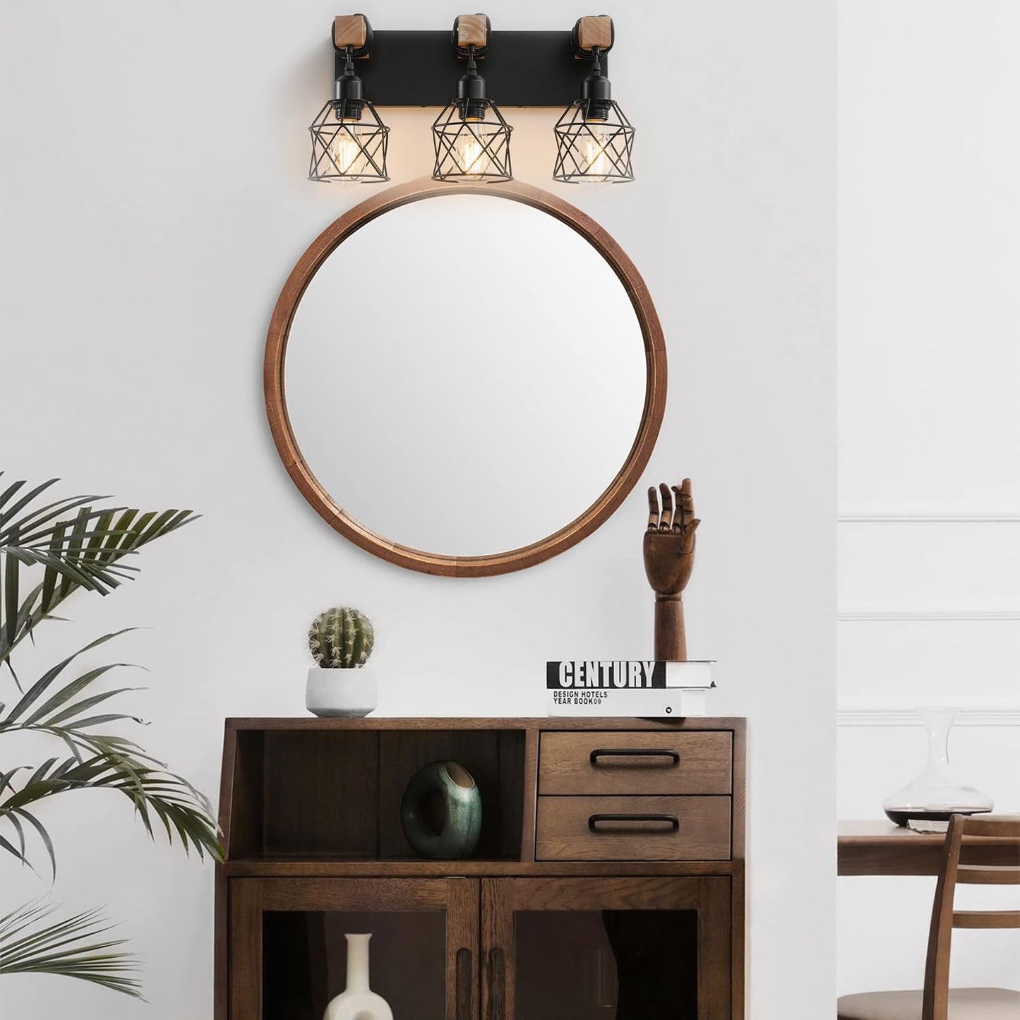 Farmhouse Vanity Light Fixture,3-Light Bathroom Lighting,Black Industrial Wood Wall Light Over Mirror with Metal Shade,Bulbs NOT Included