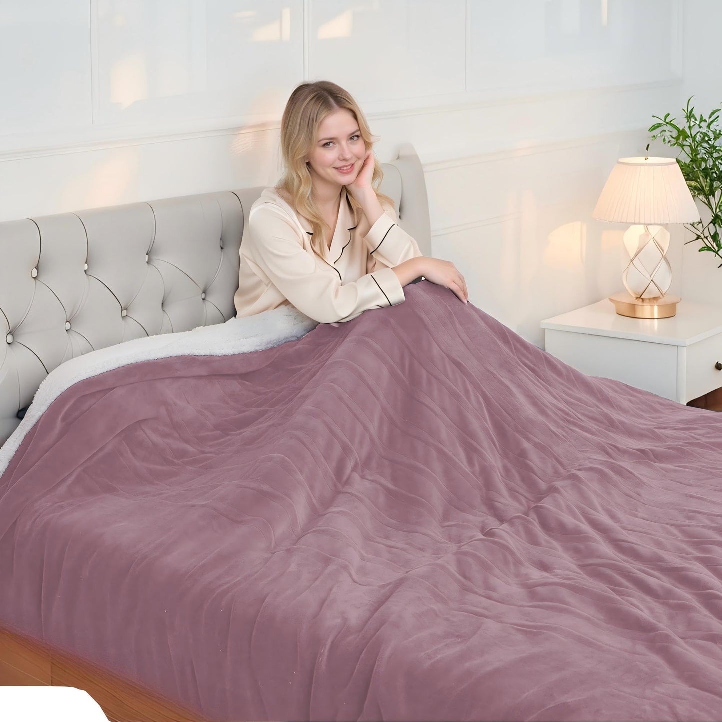 Electric Heated Blanket Twin Size 62"x84" - 4 Heat Settings, 10H Auto Shut Off, Soft Coral Fleece & Sherpa Fabric, Machine Washable, Berry
