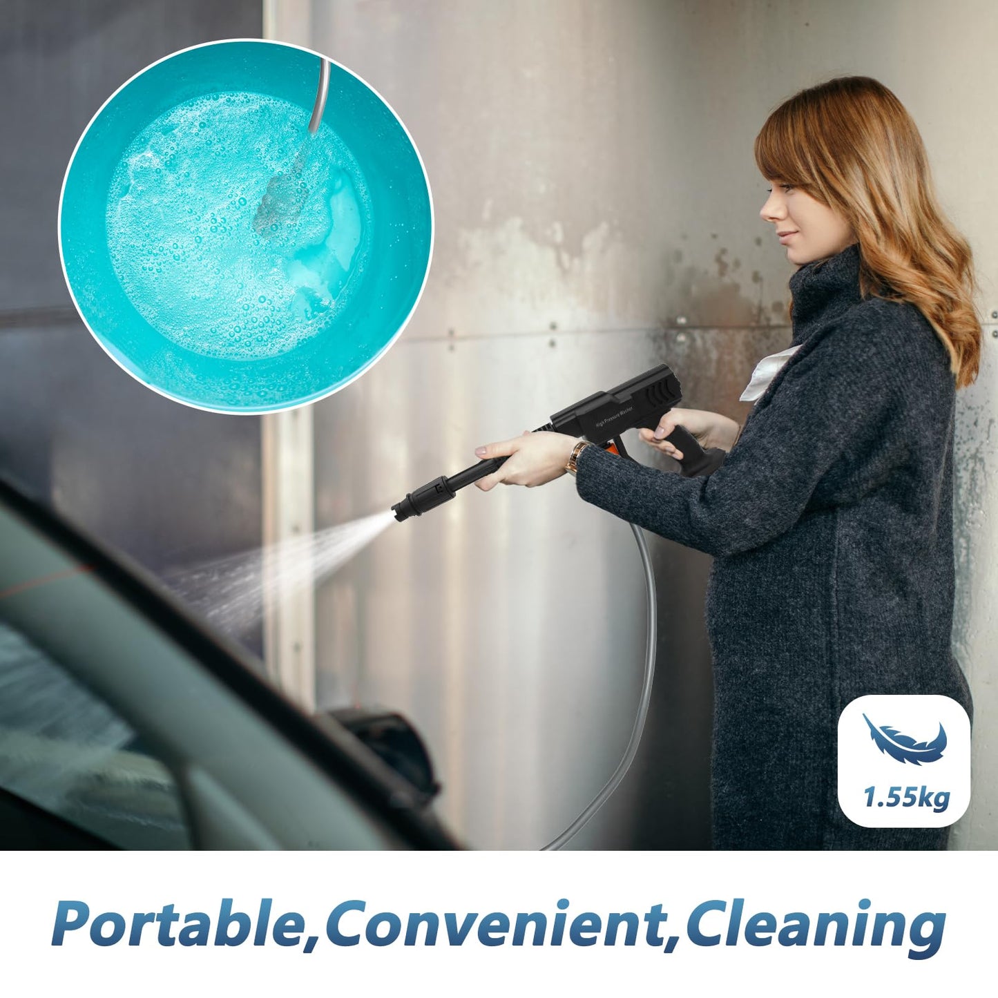 DERASL Cordless Pressure Washer, Adjustable Spray Nozzle Portable Power Washer 652 PSI, Battery Powered Pressure Washer with 5M Hose, 2x1.5 Ah Battery, Cordless Power Washer for Car/Garden/Floor