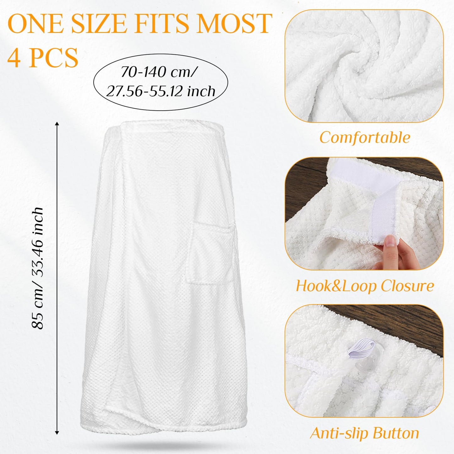 Tigeen 4 Sets Spa Wraps for Women and Hotel Slippers Spa Slippers Washable Lightweight Waffle Towel Wrap with Pocket Reusable Bathroom Slippers for Spa Gym Sauna Bath, White