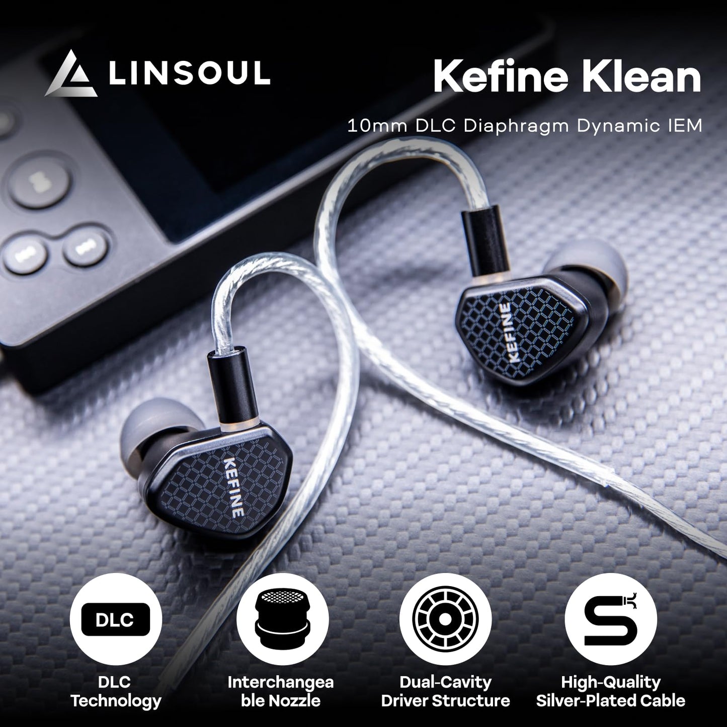 Linsoul Kefine Klean in Ear Monitor,10mm DLC Diaphragm Dynamic Driver HiFi Earphones,Wired Gaming Earbuds,Replaceable Nozzles,Detachable Silver-Plated Cable for Audiophile (No Mic 3.5mm)