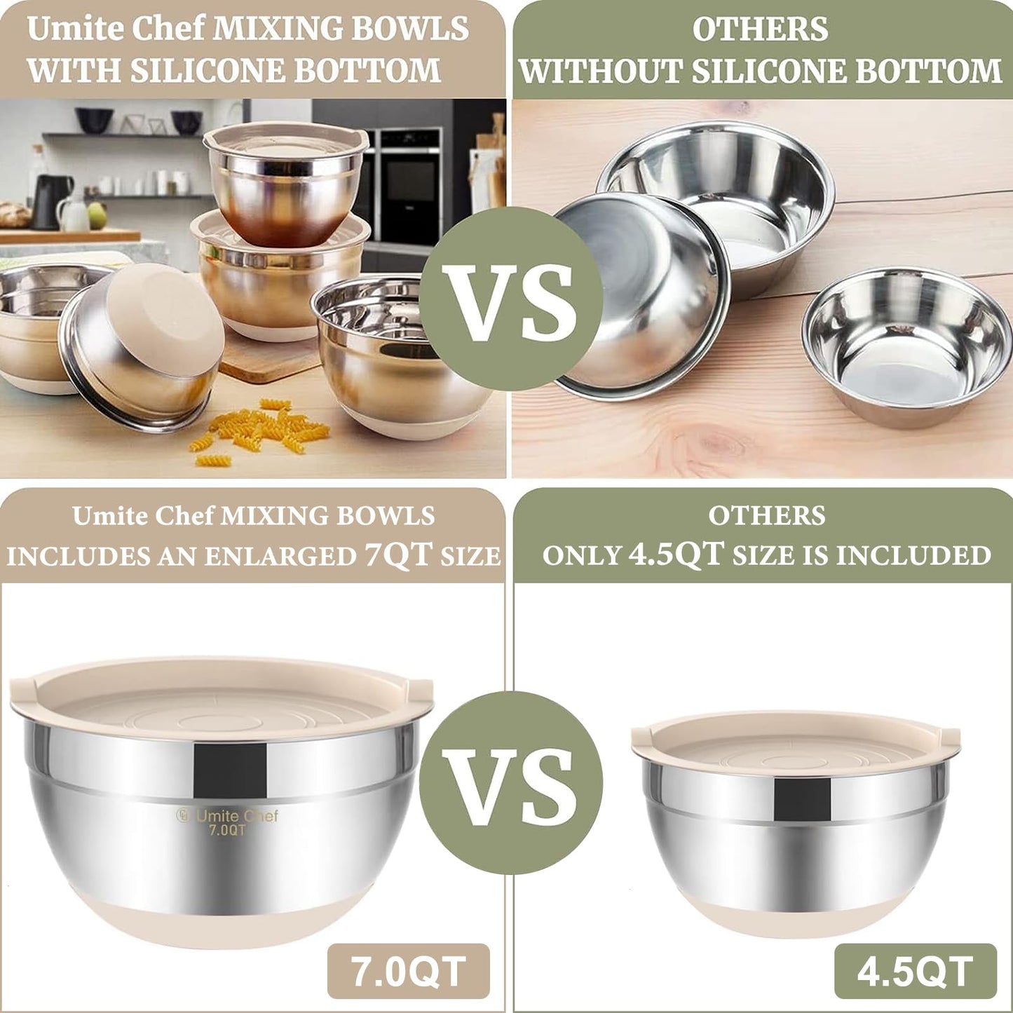 Umite Chef Mixing Bowls with Airtight Lids 6 Piece Stainless Steel Metal Nesting Storage Bowls, Non-Slip Bottoms Size 7, 3.5, 2.5, 2.0,1.5, 1QT, Great for Mixing & Serving (Khaki}