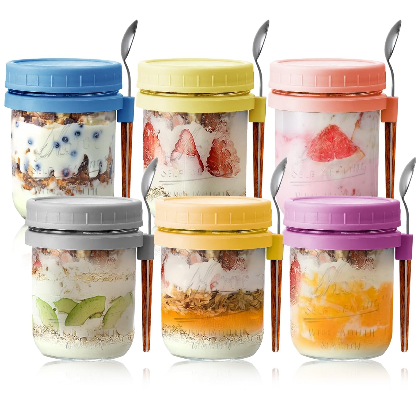 AsstarJTK 6 Pack Overnight Oats Containers with Lids and Spoons - 16 Oz Glass Mason Jars for Overnight Oats Airtight Jars Leak Proof Oatmeal Container Meal Prep Jar for Yogurt,Milk,Cereal,Fuirt,Salad