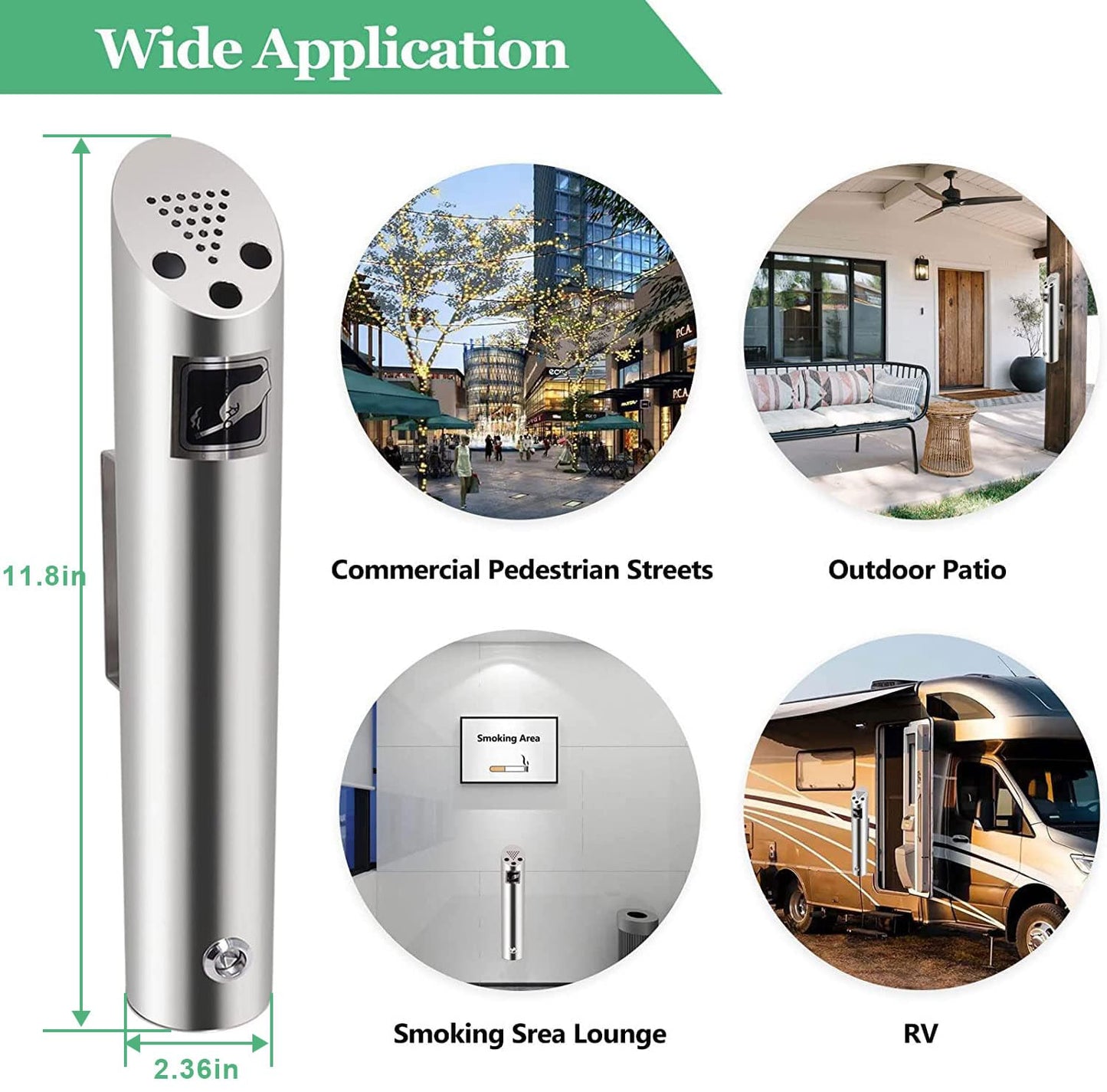 2 Pcs Wall Mounted Trash Can Outdoor Waste Receptacle, Stainless Steel Cylinder Commercial Trash Bin Container for Patios, Restaurants, Bars, Hotels, Offices, Silver