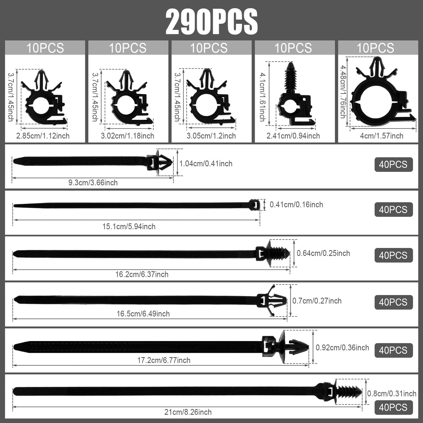 Abizarch 290Pcs Car Wire Harness Routing Clip Assortment Kit, 5 Different Sizes Wire Routing Clips Enduring Nylon Retainer Car Clips Replacement Parts for Most Cars Auto