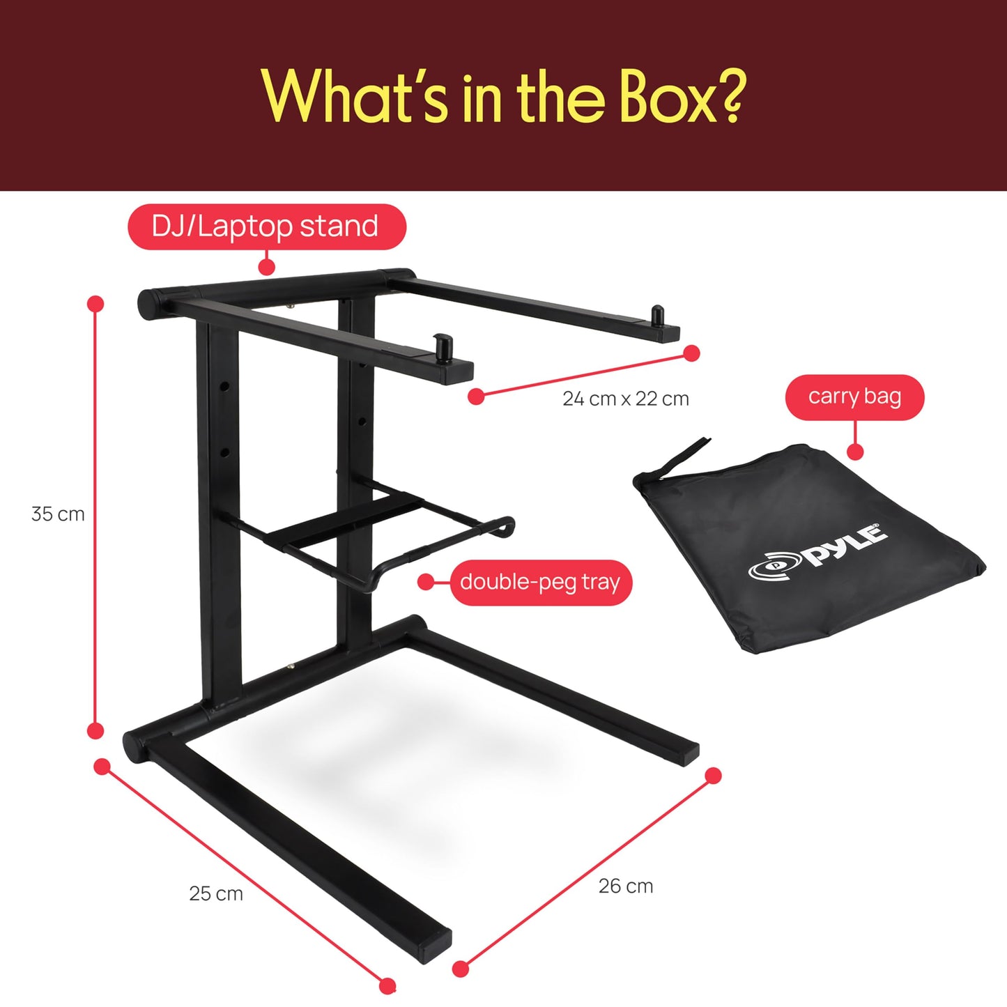 PYLE Laptop DJ Stand- Sturdy & Light Weight Standing Table w/ Foldable Height, & Secondary Accessory Tray, Securely Holds- DJ Mixer, Laptops, iPad, Tablet- Workstation, Gaming & Home Use- Includes Bag