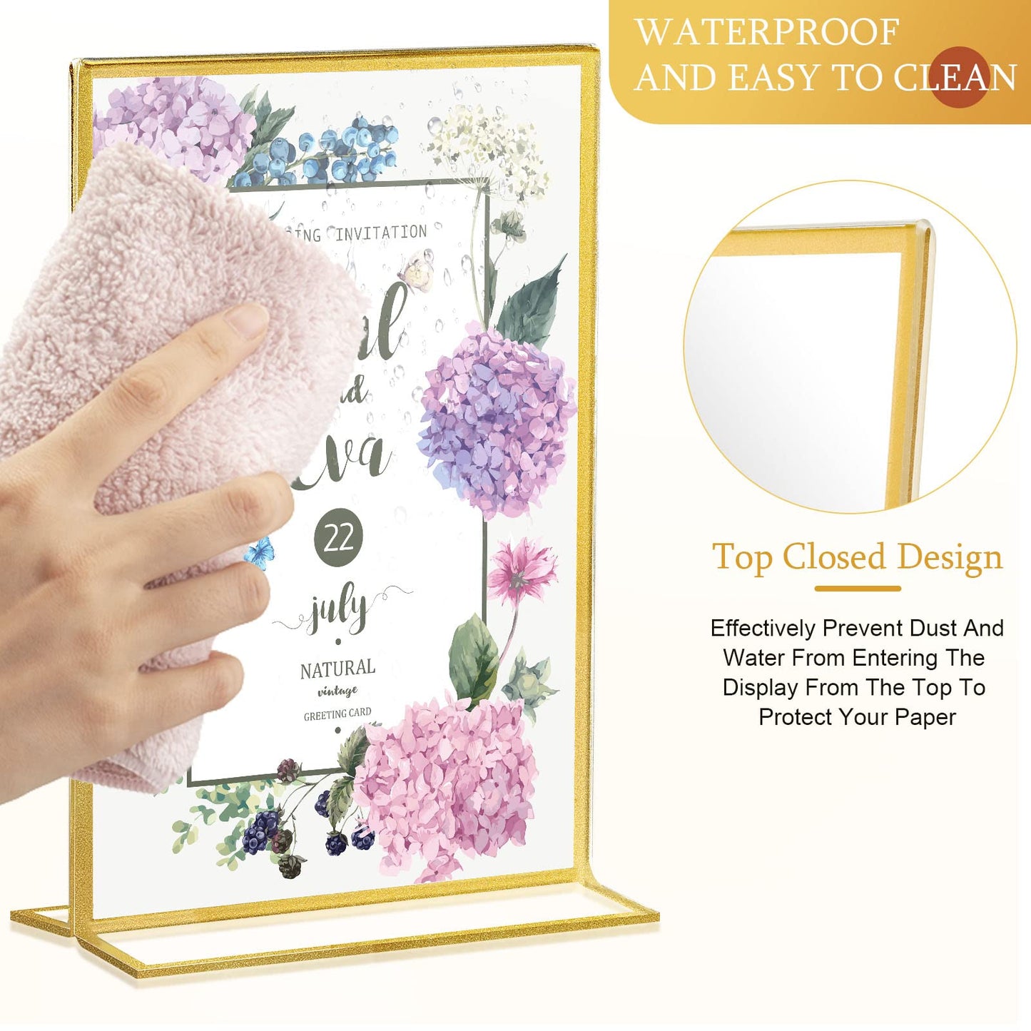 Hoteam 18 Pack Acrylic Sign Holder 4 x 6 Inch Gold Frames Wedding Table Number Holders, Double Sided Picture Frame Clear Display Menu Stand for Home Photo Flyers Wedding Party (Vertical)