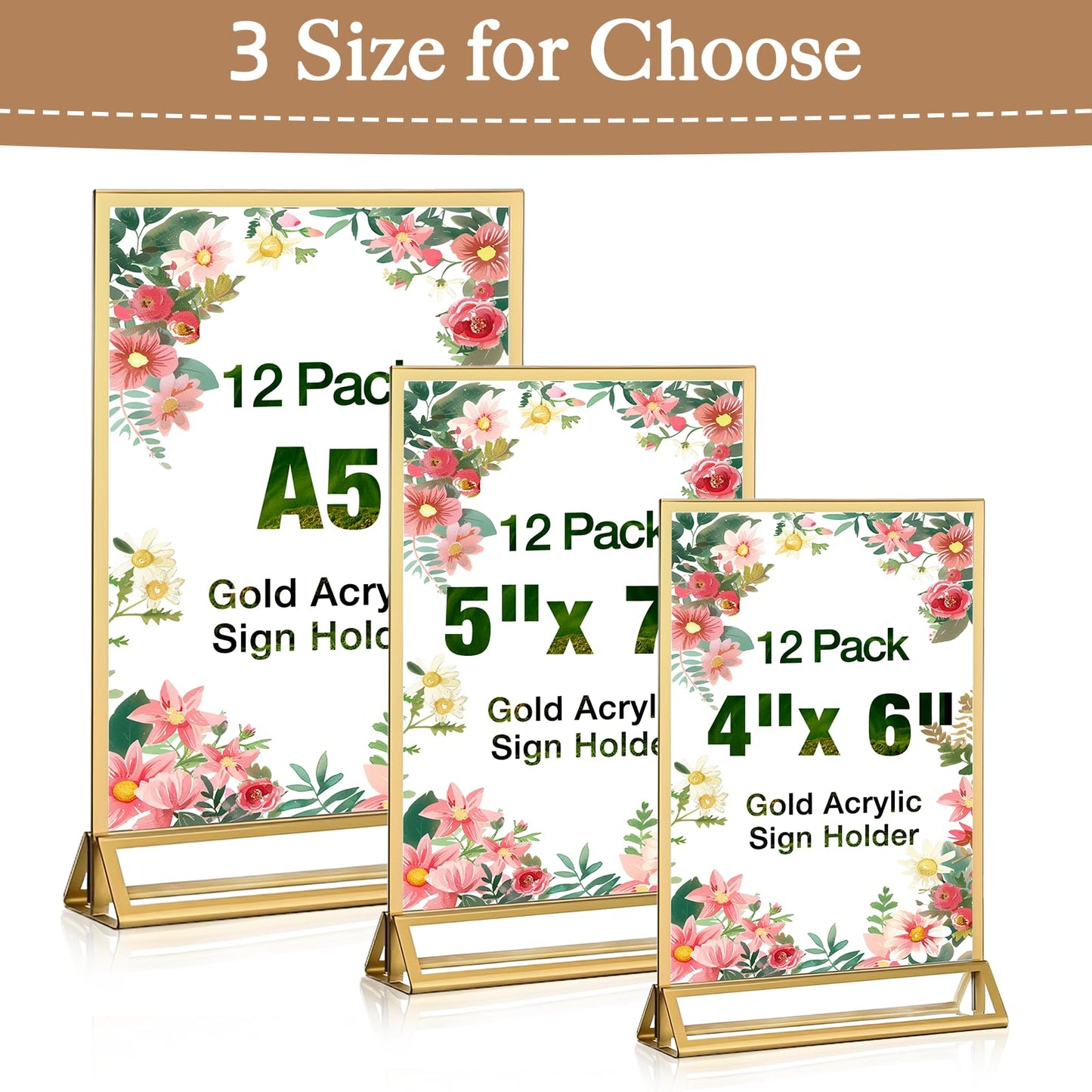 RUITENG 12 Pack Acrylic Sign Holder, 5x7 Clear Gold Frame Display Stand, Double Sided Picture Menu Flyer Holders, Wedding Table Number Frames for Cards Photo Party Decoration (5" x 7")