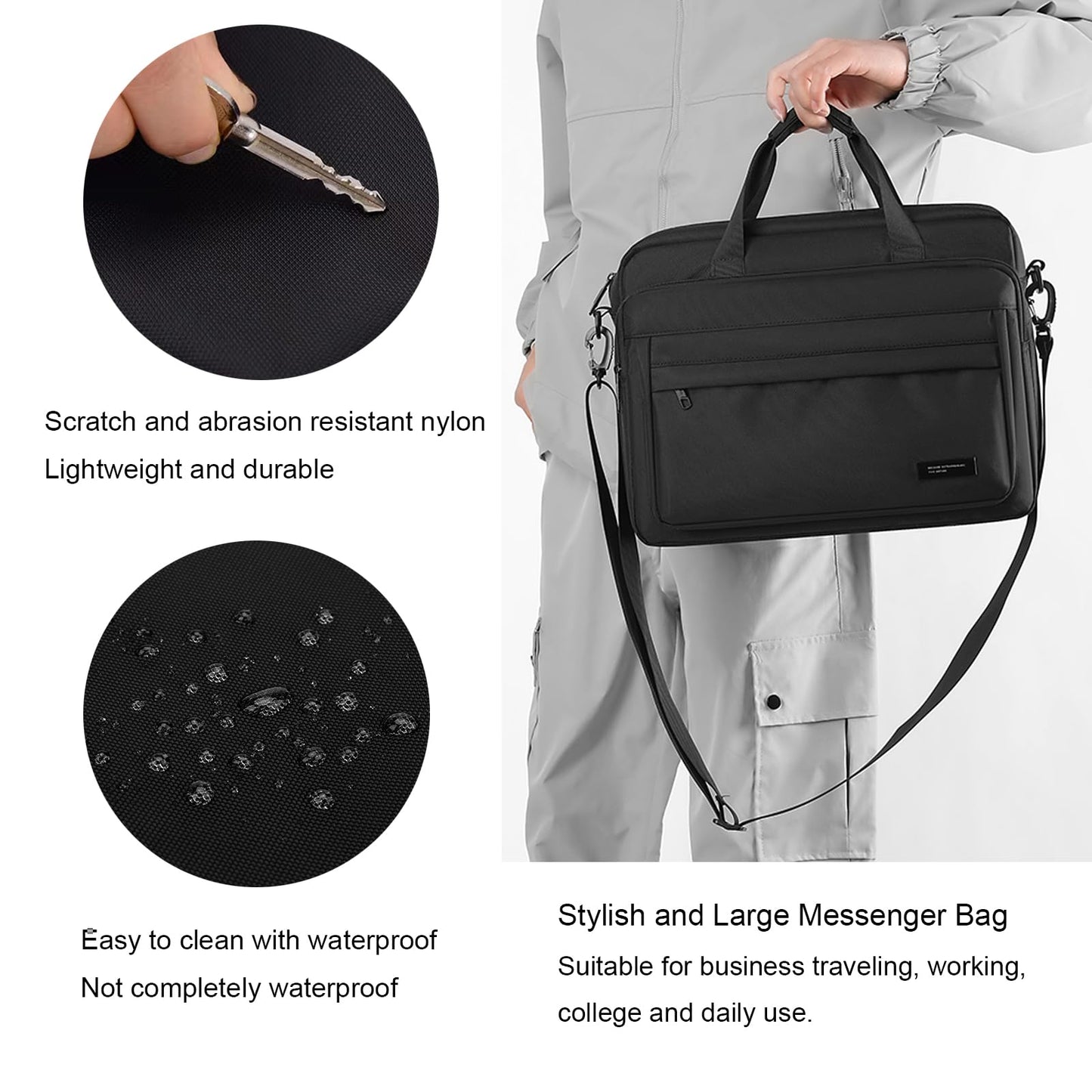 Laptop Bag 15.6 Inch Briefcase for Men Women Waterproof Nylon Lightweight, Shoulder Computer Messenger Handbag for Business Office Work Travel College Black