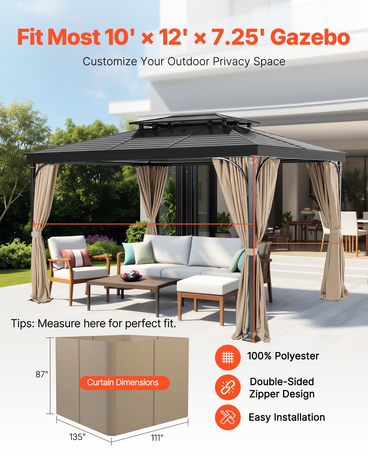 VEVOR Gazebo Curtains Outdoor, Fit Most 12' x 10' x 7.3' Gazebos, 4-Panel Sidewall Gazebo Privacy Curtains with Zippers, Outdoor Curtain Replacement for Patio Canopy, Only Curtain, Khaki