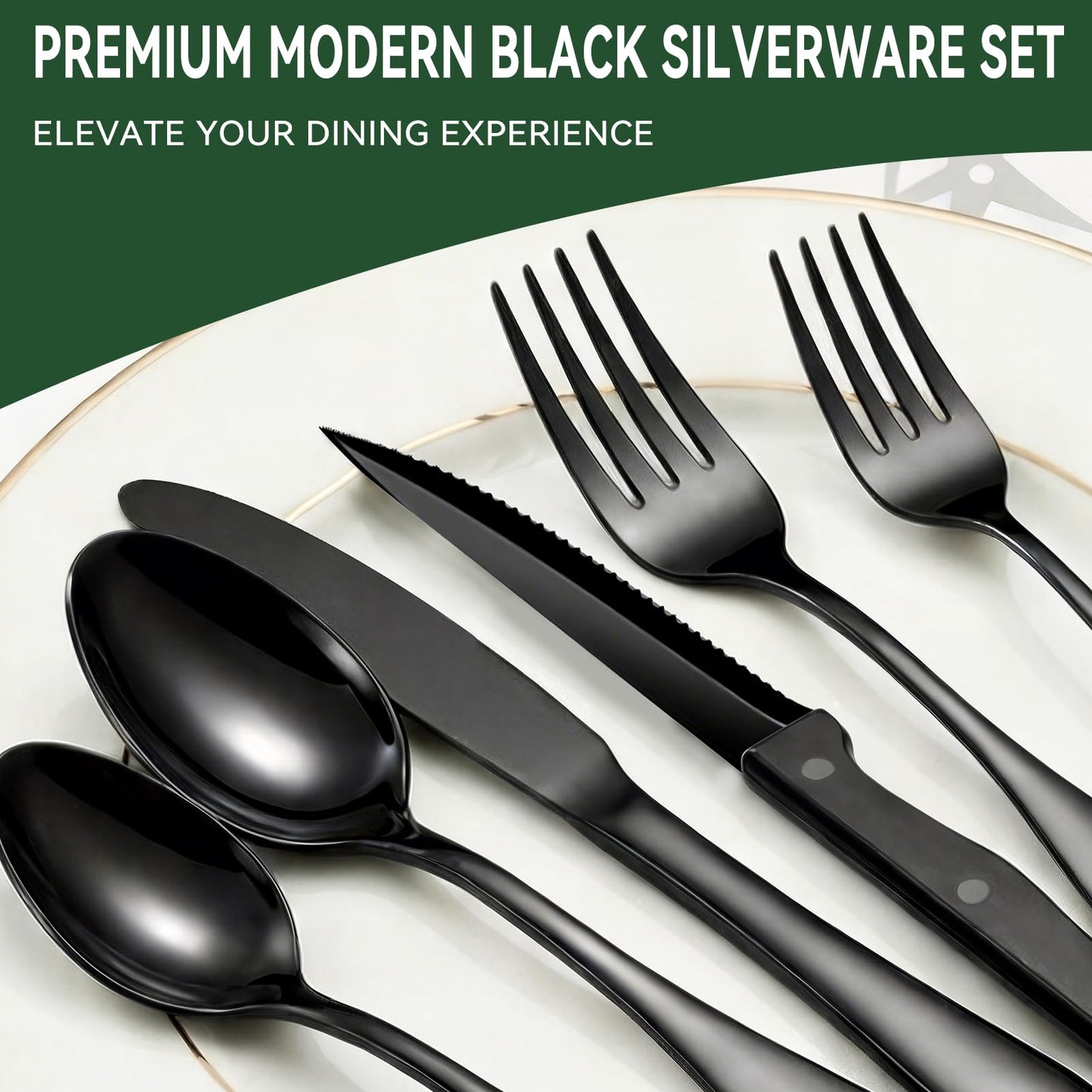 49-Piece Black Silverware Set with Drawer Organizer, Stainless Steel Cutlery for 8 with Matte Steak Knives, Forks, Spoons
