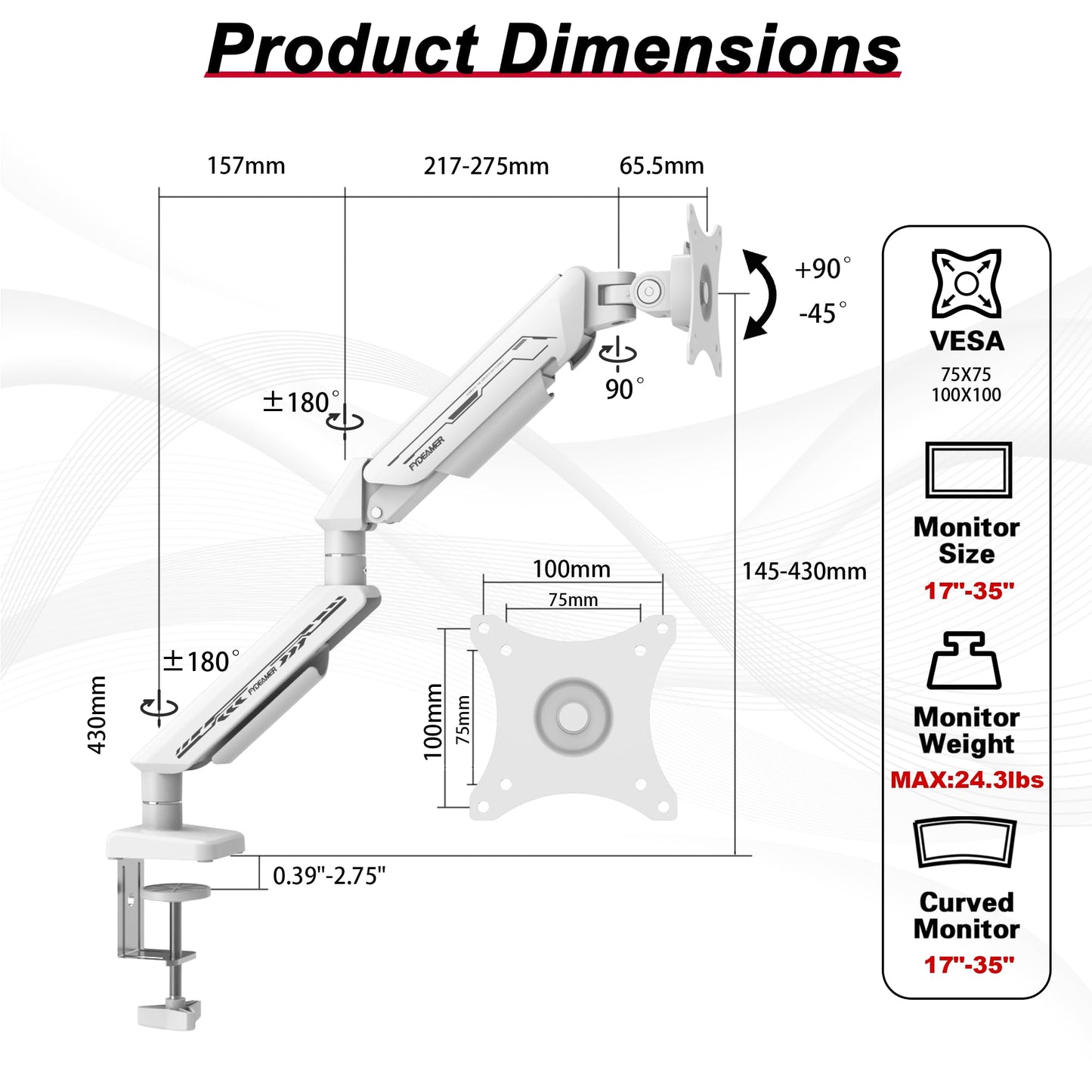 Fydeamer Monitor Arm, Gas Spring Monitor Stand for 17-35 Inch Screens up to 24.3 lbs, Adjustable Monitor Mount with C-Clamp & Grommet Base, Ergonomic Computer Monitor Mount (Single Arm White)