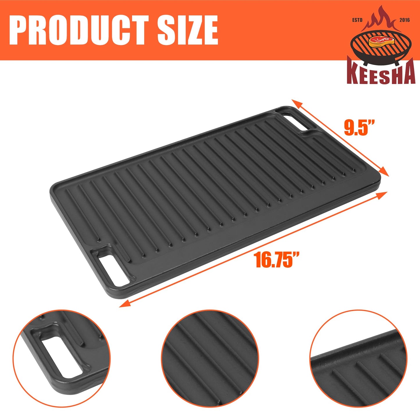 Cast Iron Griddle, Gas Stove Top Pan Heavy Duty Reversible Cooking Griddle for Grill, Camping, Indoor and Outdoor Cooking- 16.75" x 9.5"