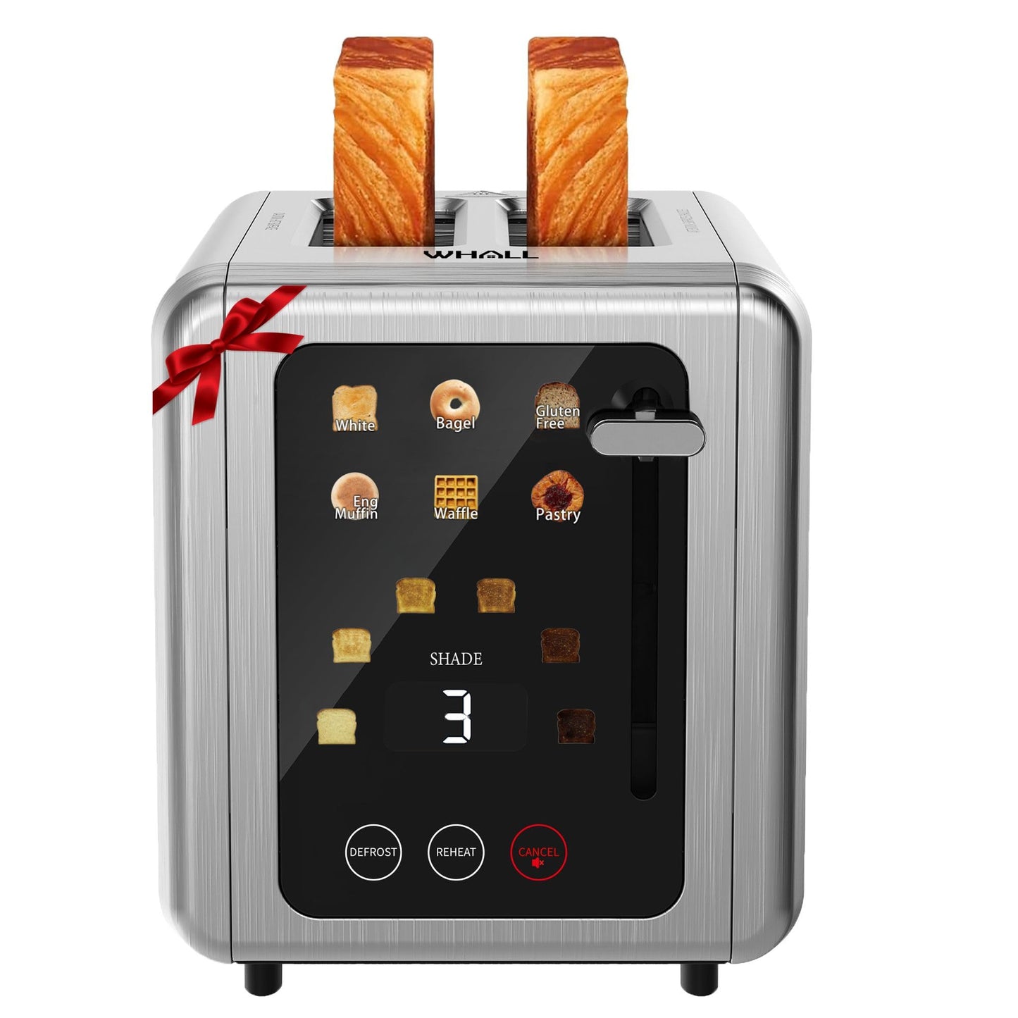 WHALL Touch Screen Toaster 2 Slice, Smart Digital Toasters with 1.5" Wide Slots, 6 Shade Settings & 6 Bread Types, Memory Function, Countdown Timer, Brushed Stainless, Ideal Kitchen Gift & Essential