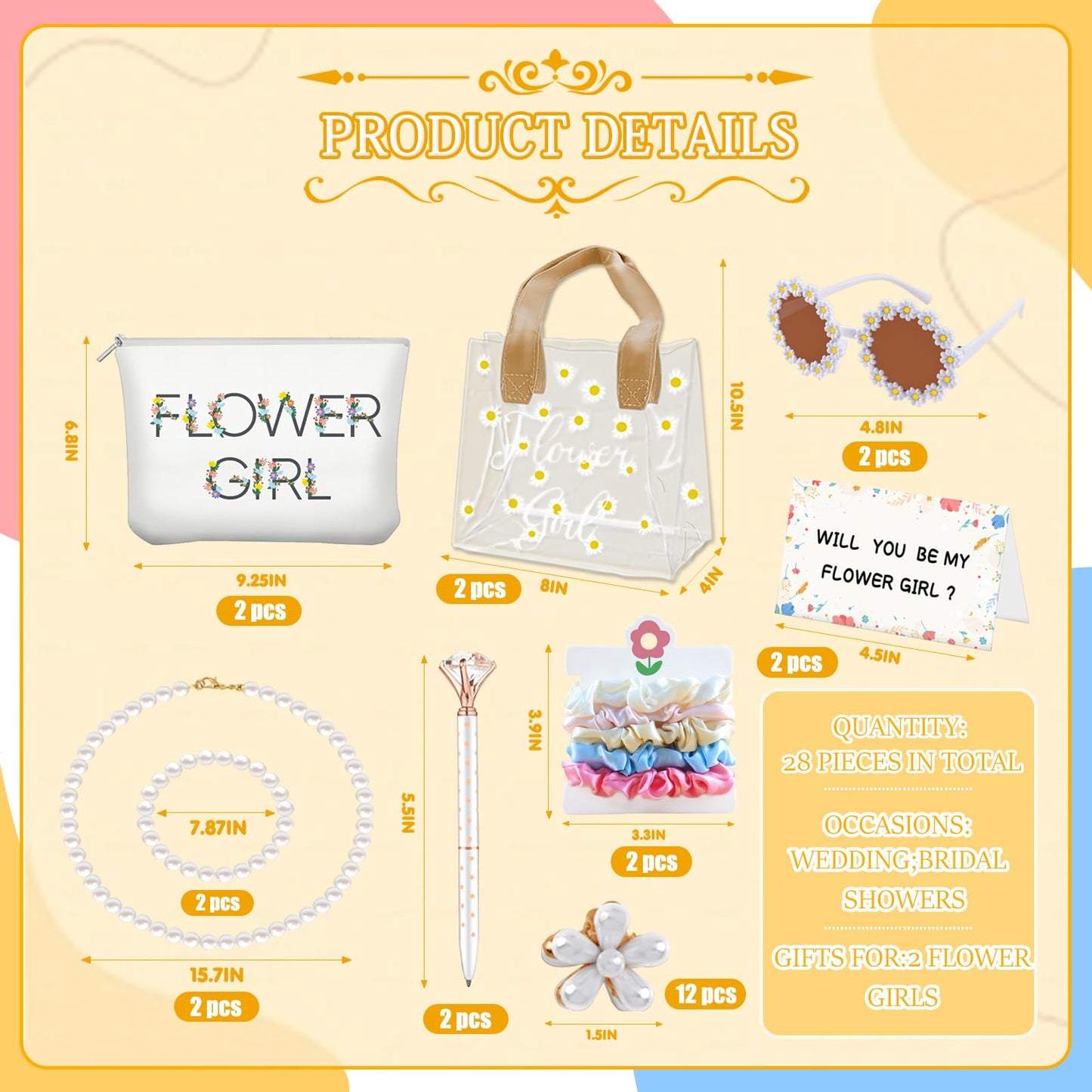 28Pcs Flower Girl Proposal Gift Set - 2 Bags Including Round Flower Sunglasses, Canvas Bag, Pearl Necklace, Bracelet, Hair Accessories, Satin Scunchies, Diamond Pen for Wedding, Bridal Shower