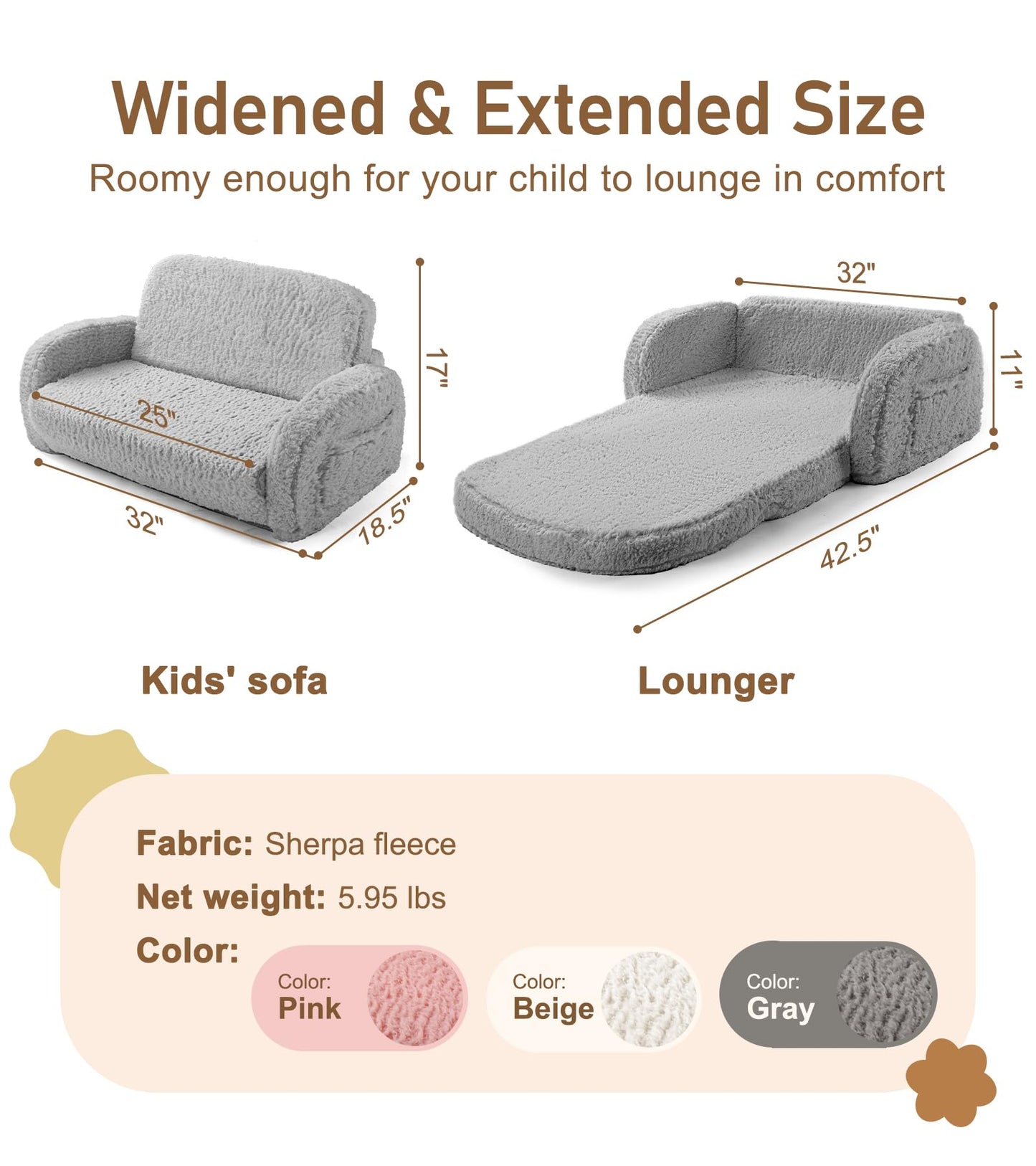 2-in-1 Sherpa Fold Out Kids Couch, Extra Wide Toddler Couch, Flip-Out Foam Couch with Soft Sherpa Cover, Modern Foldable Kids Furniture for Boys & Girls 3+, Gray