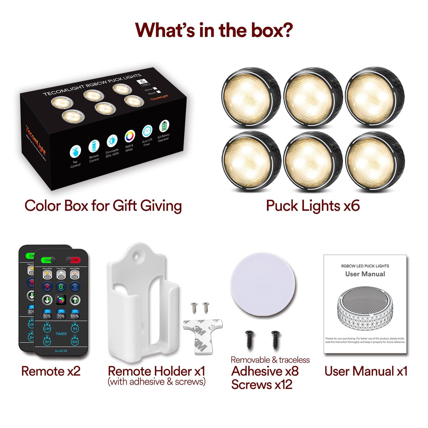 LED Puck Lights Battery Operated Under Cabinet Lighting, Closet Lights with Remote, Color Changing Under Counter Lighting, Stick On Lights for Kitchen, Bookcase, Cupboard, 6 Pack - Black