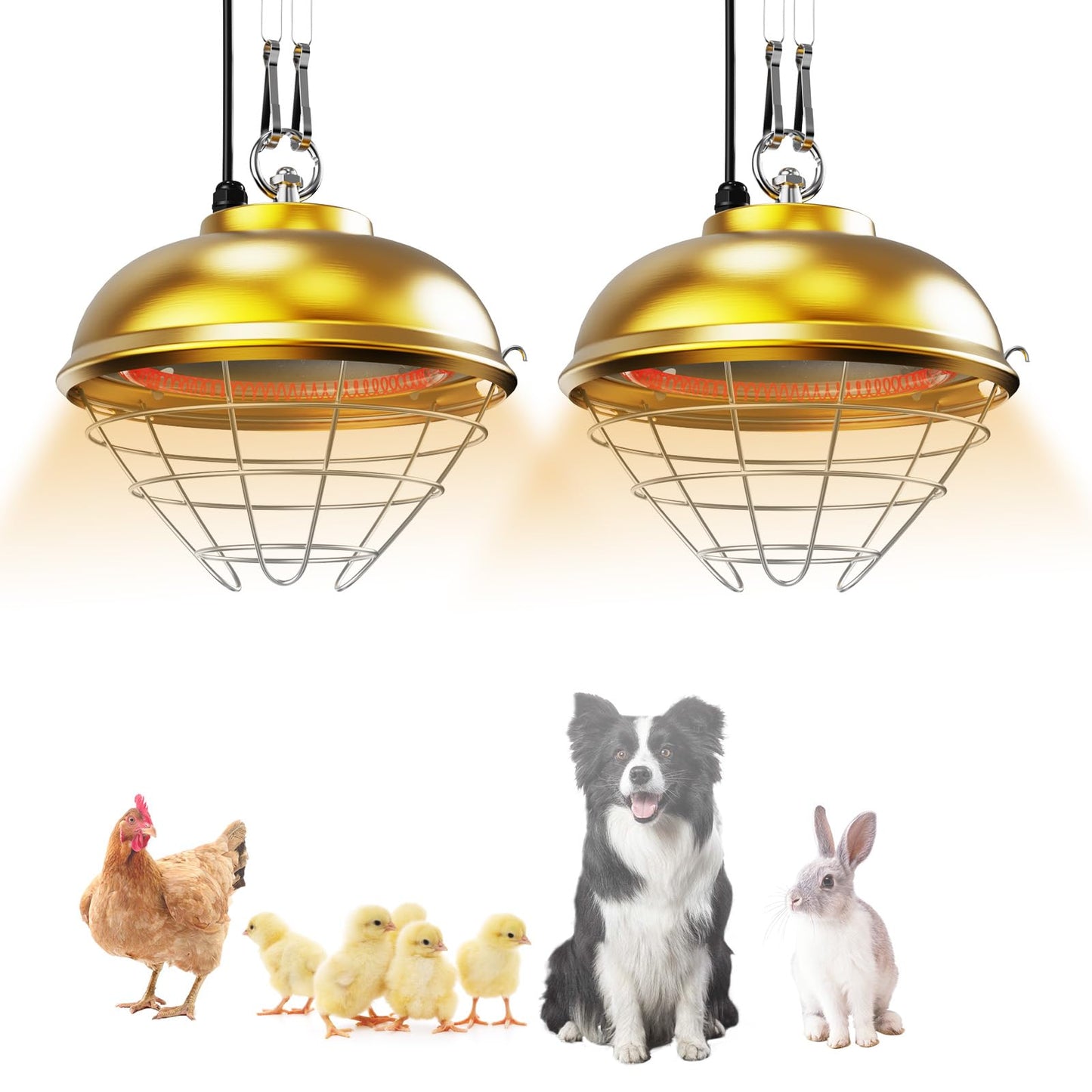 2-Pack Heat Lamp for Chickens, 170W & 350W Adjustable Heating Temperature and Hanging Height, Chicken Coop Brooder Heater, Carbon Fiber Heating Lamp for Chicks, Ducks, Rabbits, Cats, Dogs, Livestocks