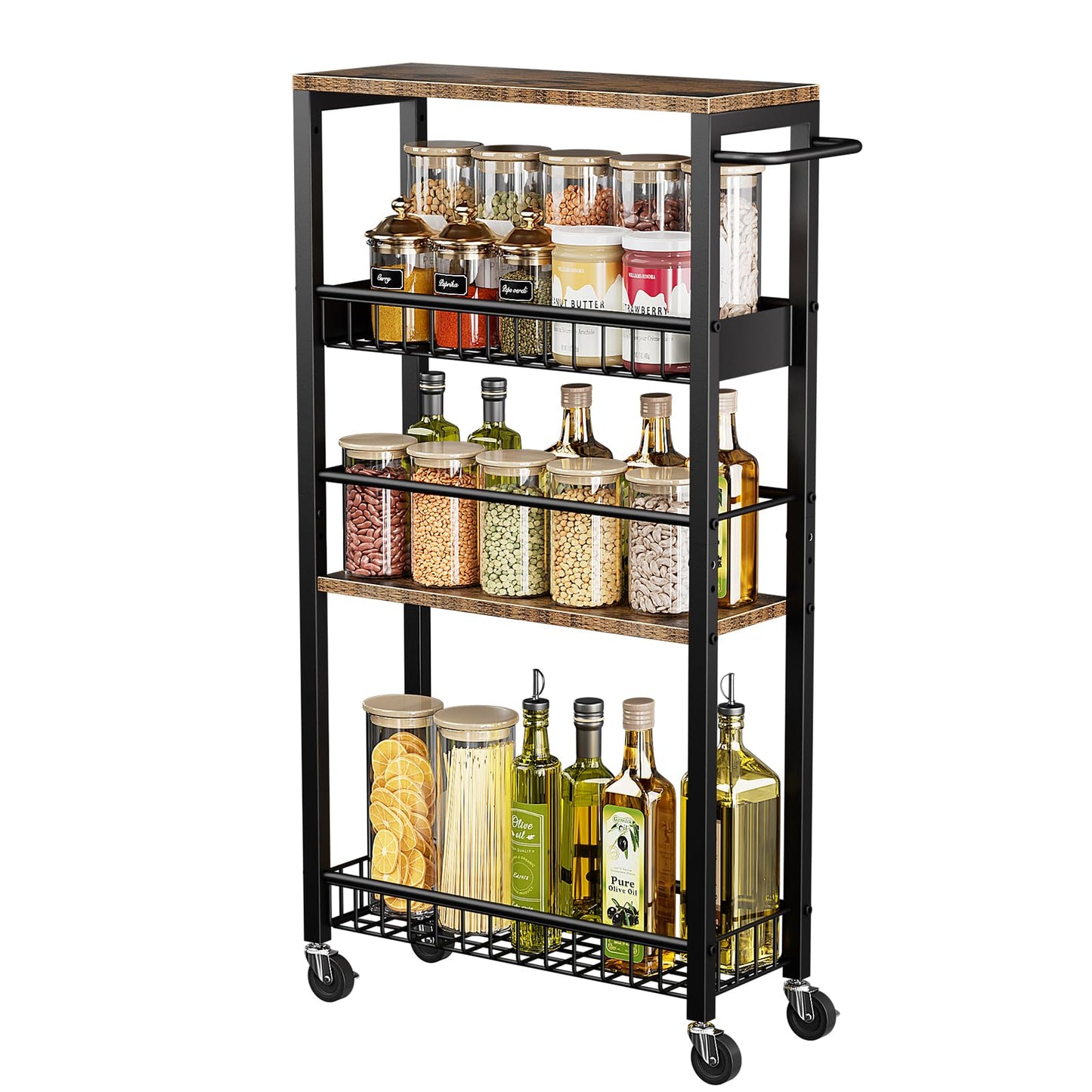 Kssiaz Slim Storage Rolling Cart, 4 Tier Narrow Cart with Wheels, Metal Kitchen Rolling Cart for Small Spaces, Slide Out Storage Shelves for Kitchen, Laundry Room, Bathroom, Living Room, 7.1in(W)