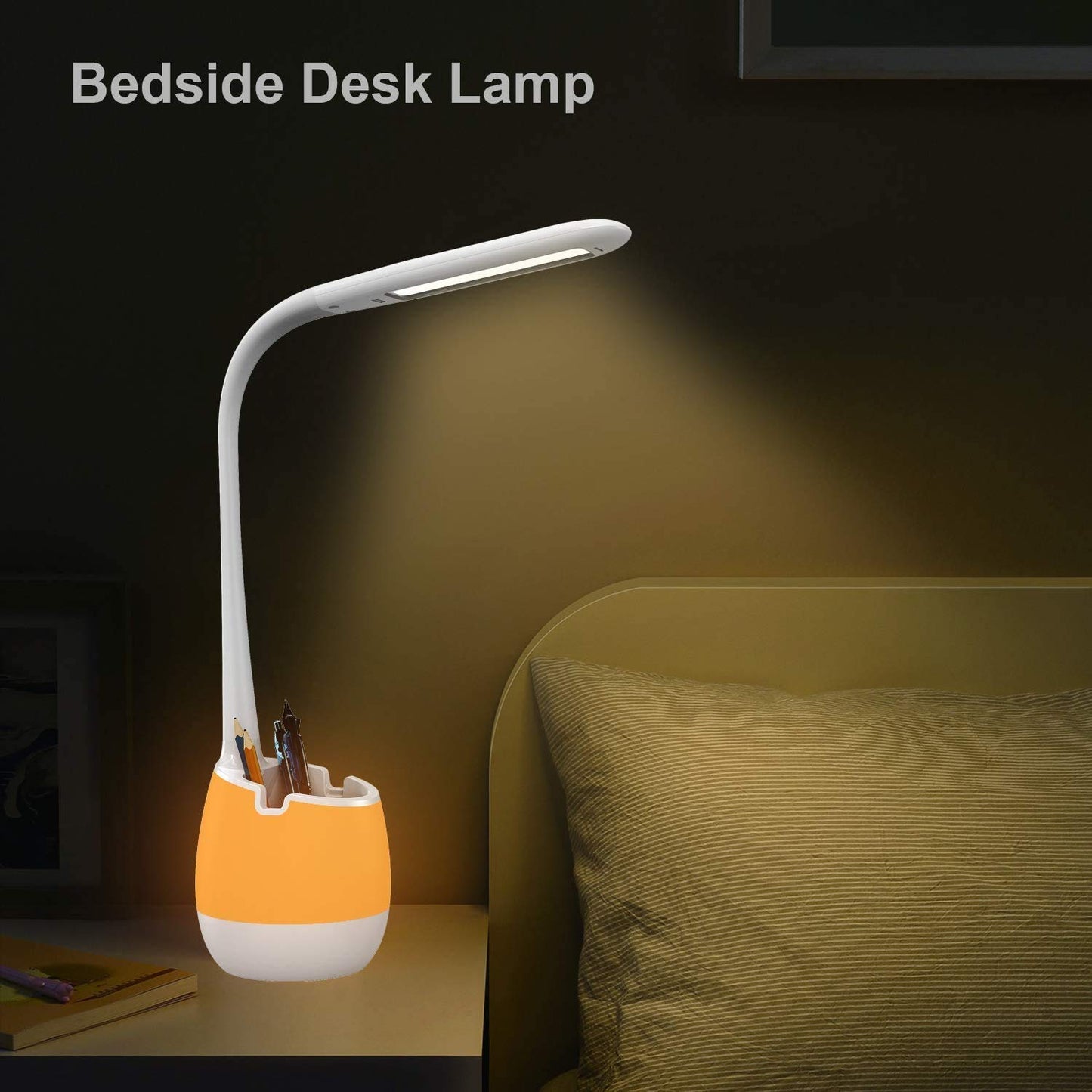 Rechargeable LED Desk Lamp with Pen Holder, ERAY Dimmable Flexible Gooseneck Bedside Table Lamp with Color Night Light, Eye-Caring Kids Pupil Student Reading Study Light for Home Office(White)
