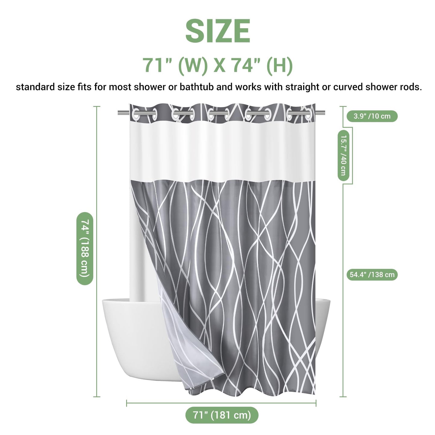 ECUCM Shower Curtain with Snap in Liner for Bathroom Bathtubs, Removable Shower Curtain Liner with 2 Magnets, Polyester Waterproof Soft Liner with See Through Mesh Top Window, (Grey, 71" W X 74" H)