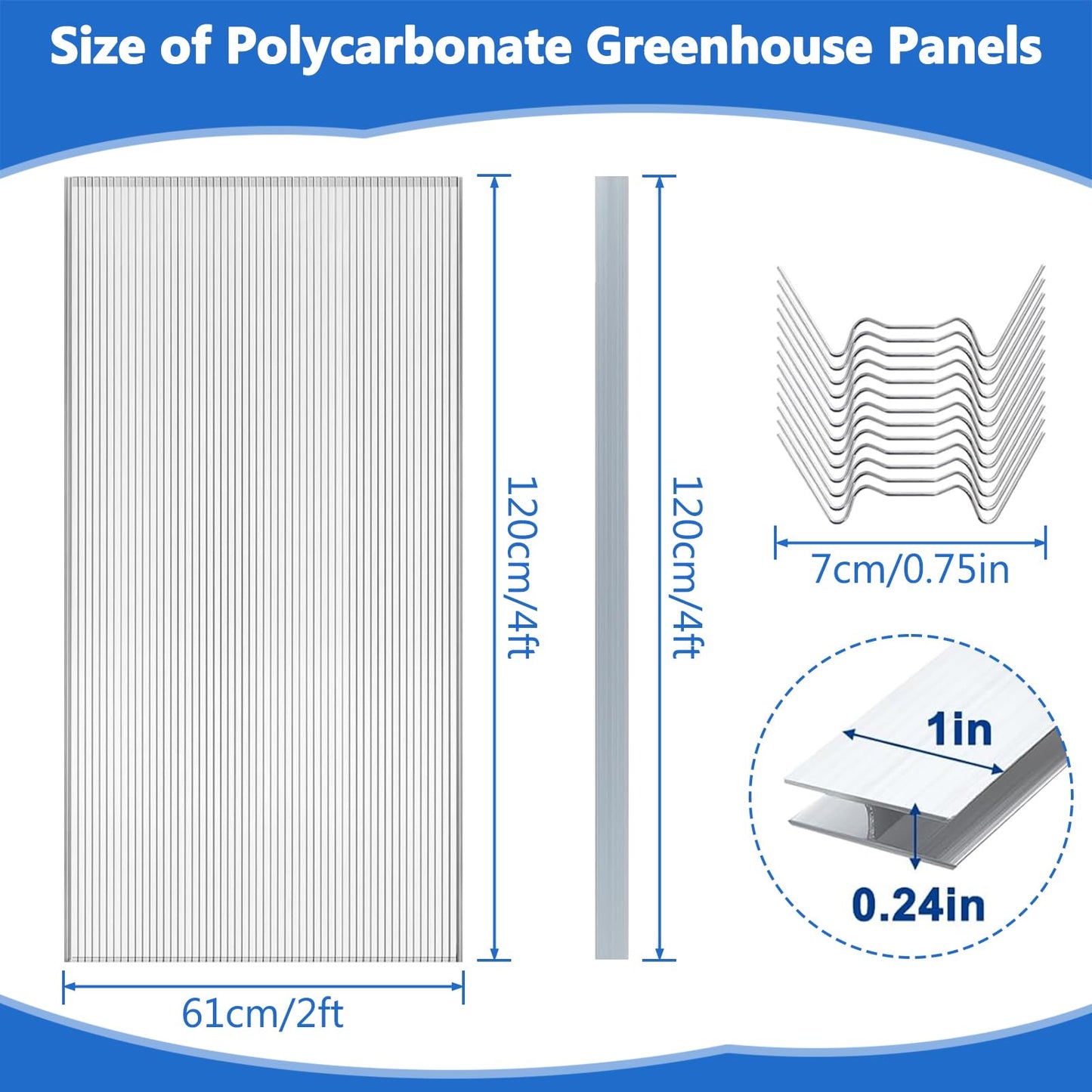 6pack Polycarbonate Greenhouse Panels, 4' x 2' x 0.24" Thickness Twin Wall Polycarbonate Sheets with 5Pcs Aluminum Connecting Strips & 50Pcs W Clips, UV Protected Clear Plastic Roof Panels