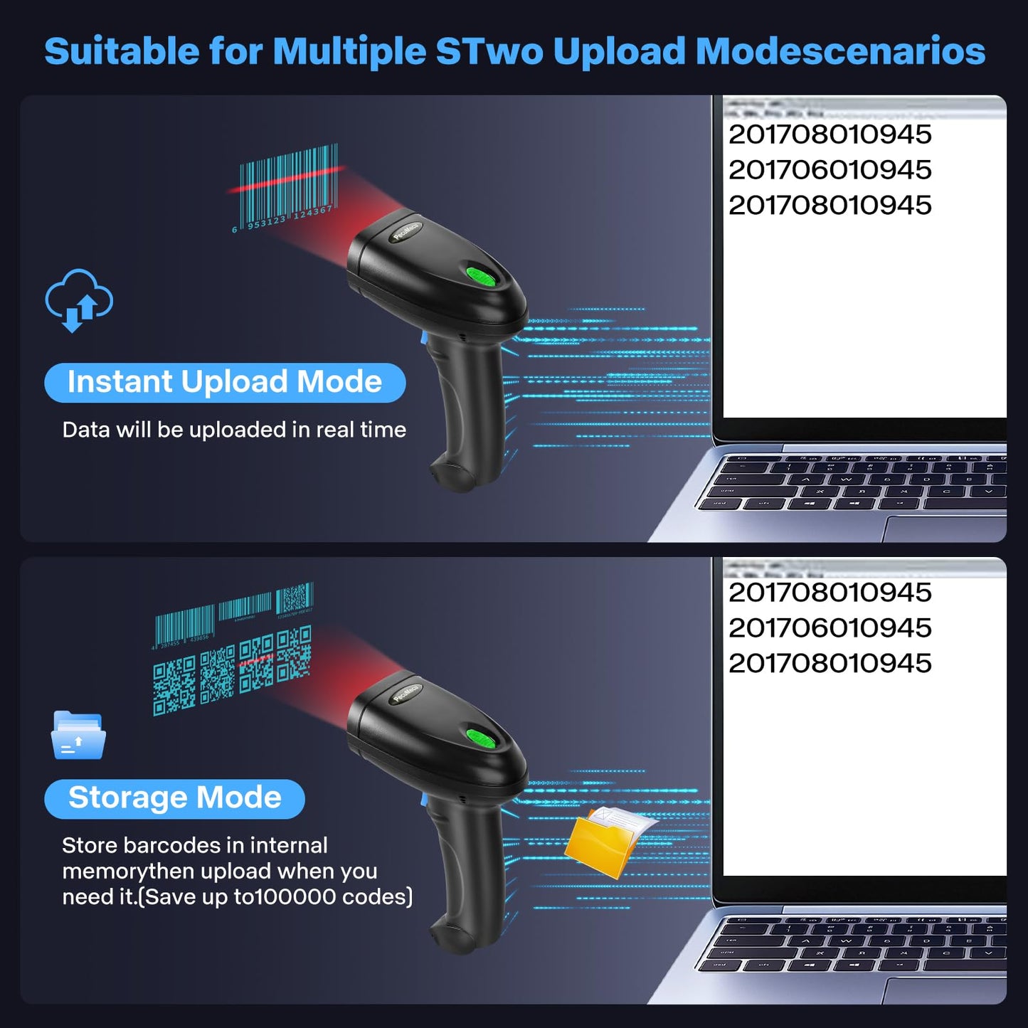 PecuMceu Bluetooth 1D&2D Barcode Scanner, 3-in-1 Bluetooth & USB Wired & 2.4G Wireless QR Barcode Reader, PDF417 Data Matrix Handheld Bar Code Scanner Work with Windows, Android, iOS (TM-10B)