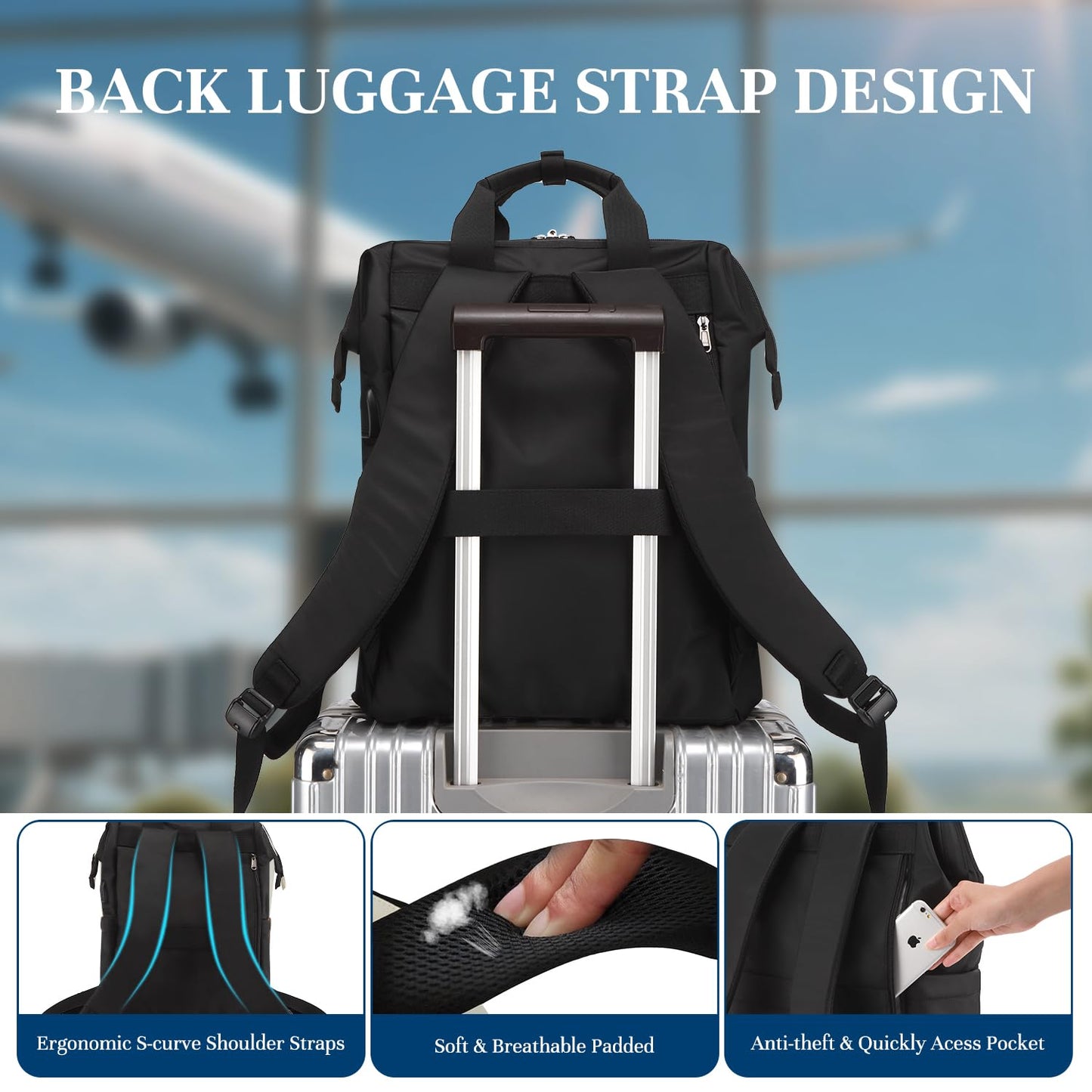 Timeet Laptop Backpack for Women Men, 17 Inch Travel Backpack with USB Charging Port, Water Resistant & Anti-theft for Work College Business, Multifunctional Carry on Backpack, Mousse Black