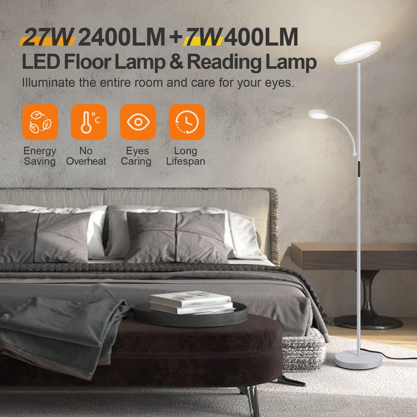 OUTON LED Floor Lamp with Adjustable Reading Lamp, 27W Main Light & 7W Reading Lamp, Dimmable Standing Lamp with 4 Color Temperature, Remote & Touch Control for Living Room Bedroom Office, Grey