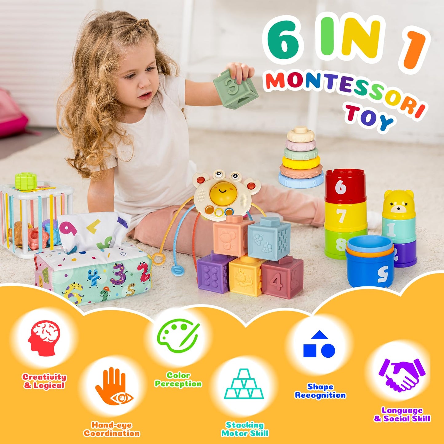 6 in 1 Montessori Toy for Baby Stacking Building Block Soft Infant Ring Shape Learning Sensory Bin Pull String Teething Toy Magic Tissue Box for Toddlers 18M+ 2 3 Year Old Boy Girl Gift