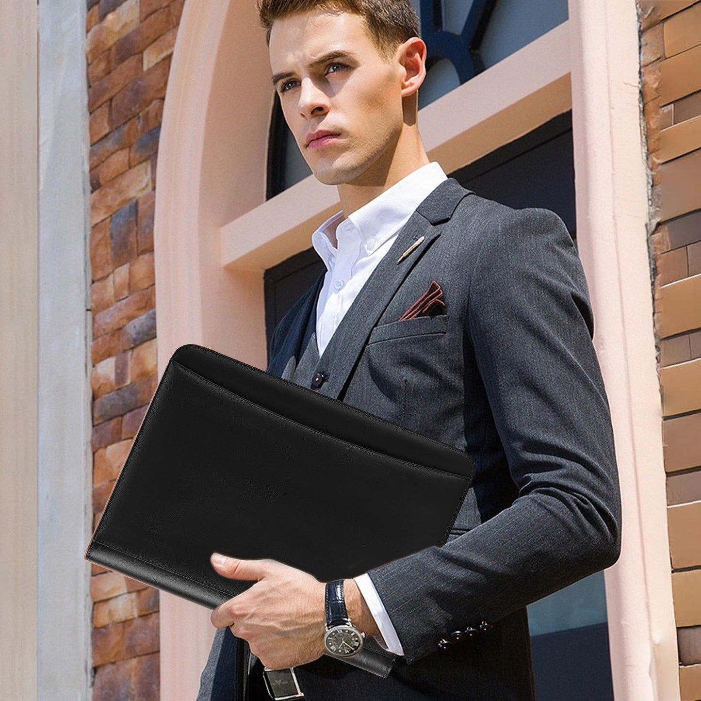 Leathario Portfolio, Vegan Leather 3-Ring Binder with Zipper, A4 Padfolio, Includes 10 Sheet Protectors and 3 Notepads, Multi-Pocket Document Holder for Tablets, Files, Notepads, Office Supplies