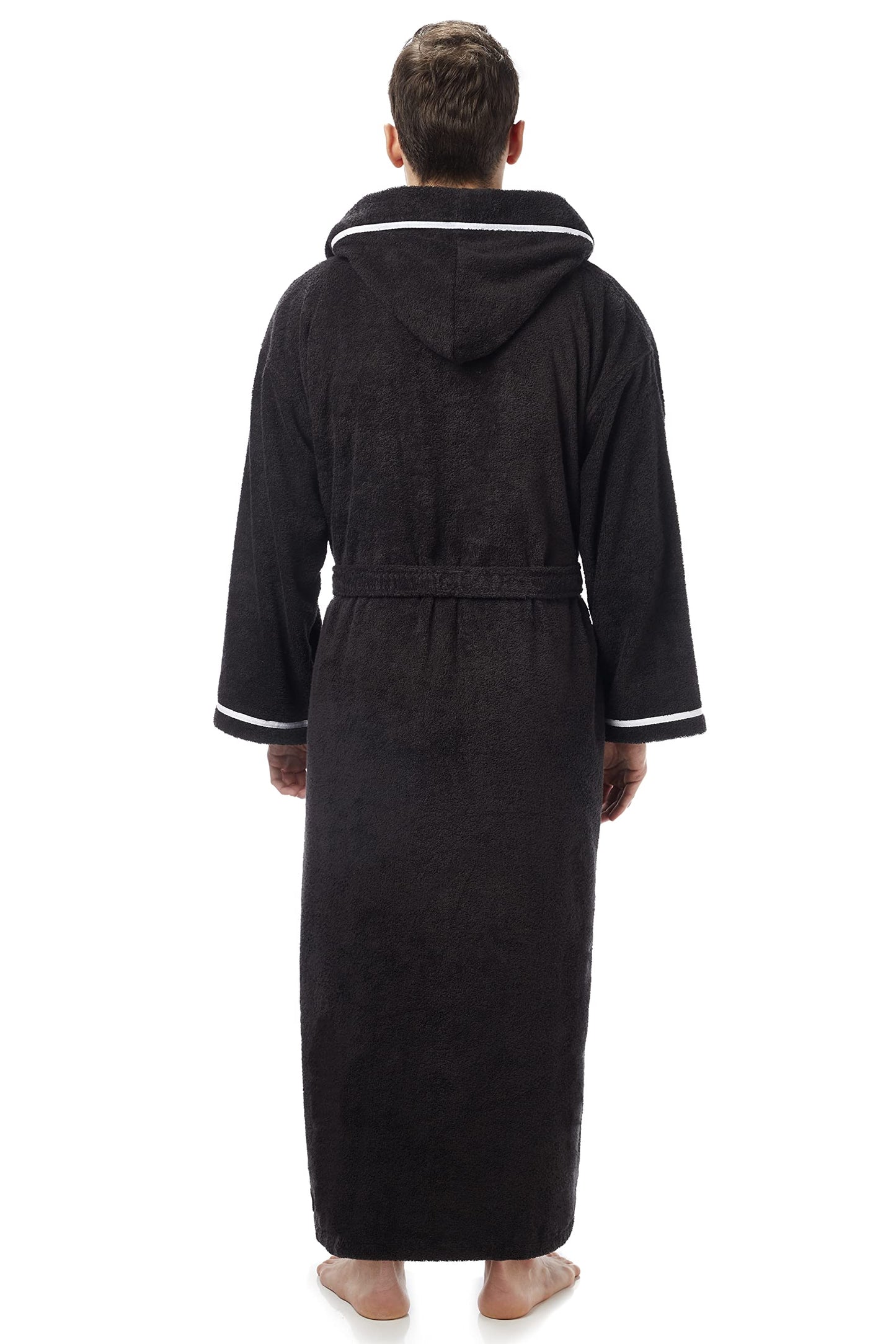 Arus Men's Hooded Classic Bathrobe Turkish Cotton Robe with Full Length Options, Black With White Border, XX-Large Extra Tall