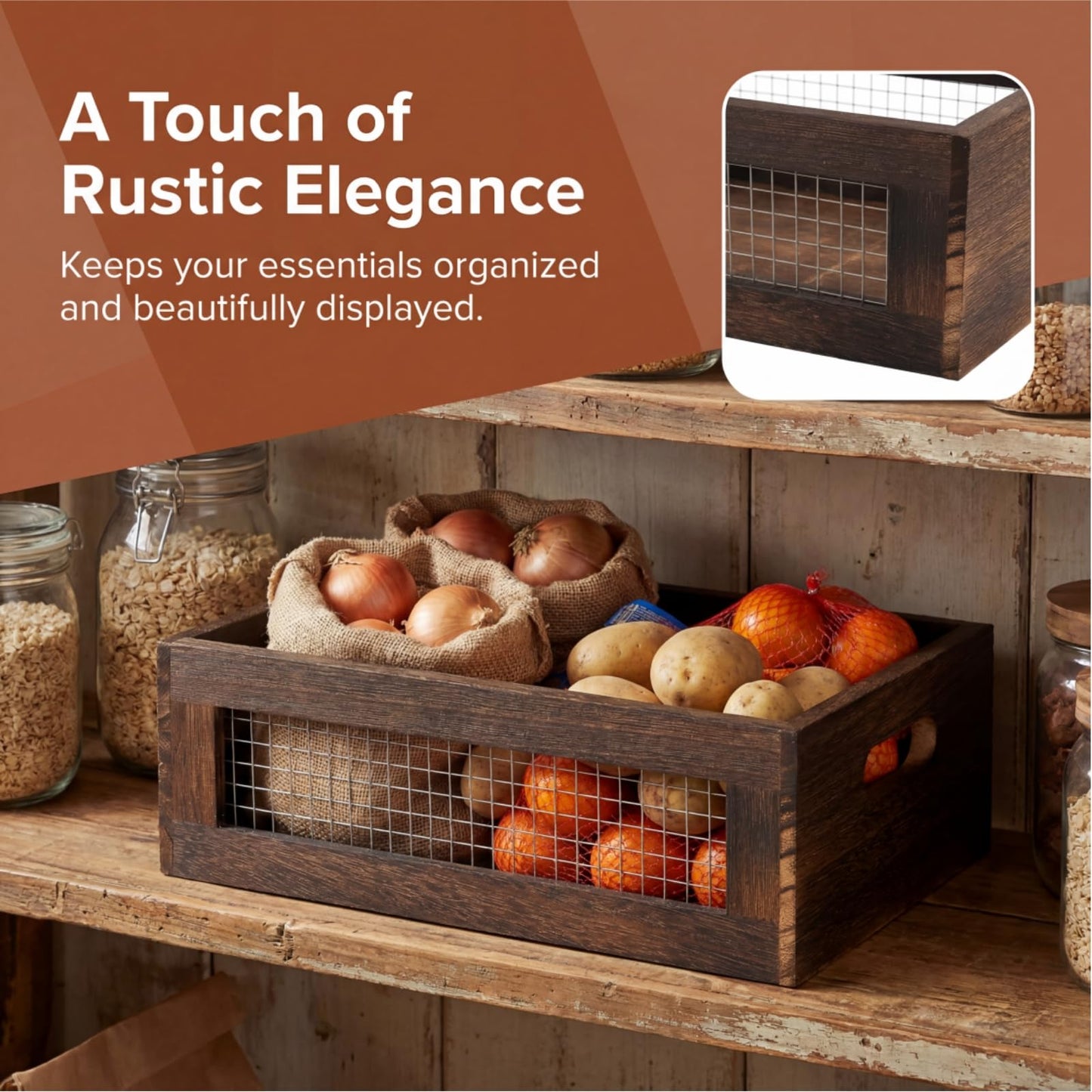 Dicunoy Set of 2 Rustic Nesting Boxes, Wooden Organizer Crates Basket, Small Decorative Wood Wire Containers with Handle, Kitchen Counter Organizers for Fruit, Veggies, Onion, Bathroom, Pantry Storage