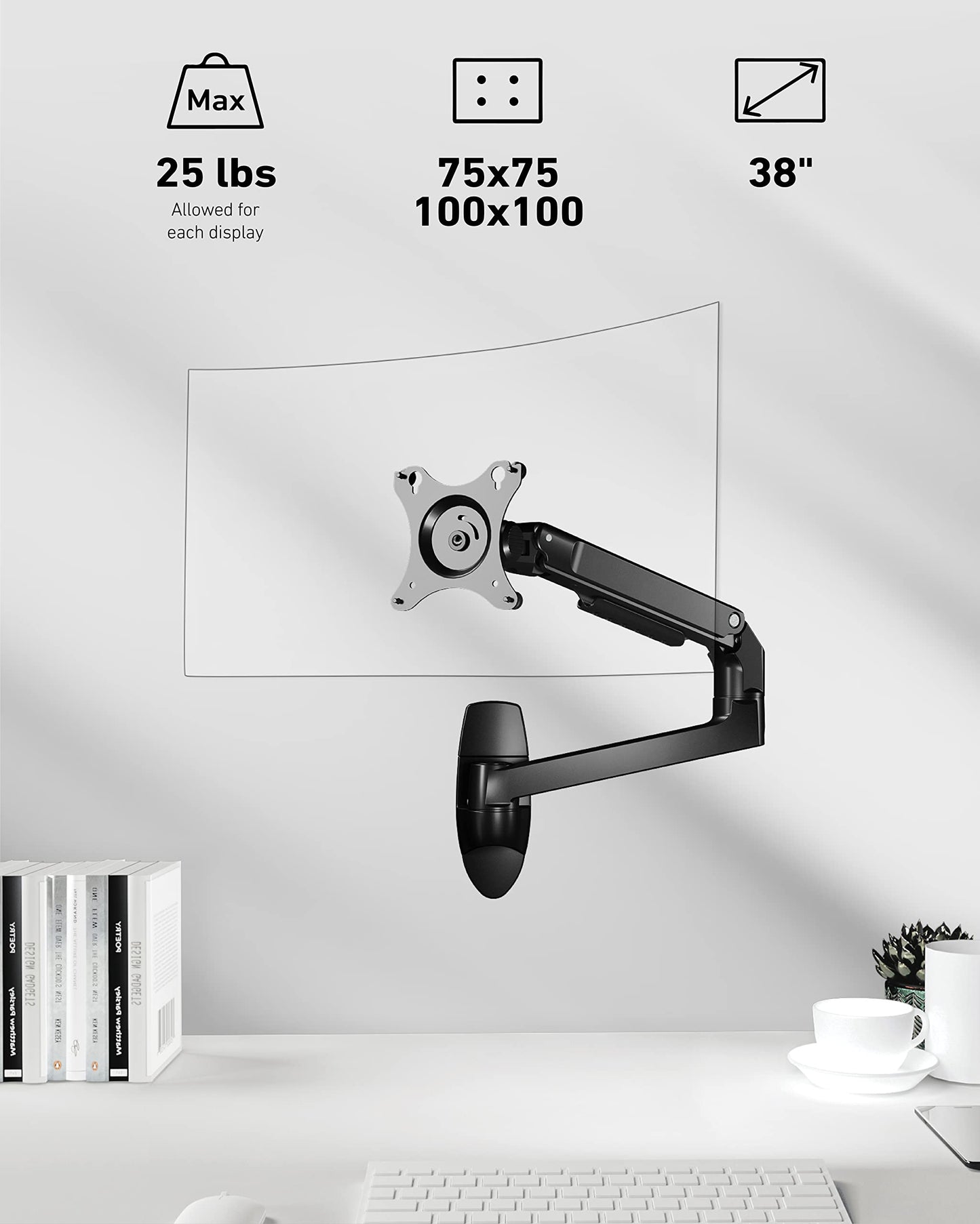 Ergounion Single Monitor Wall Mount for Flat or Curved Screens up to 38" Within 25 lbs, Full Motion Adjustable Monitor Arm with Cable Management, VESA 75x75/100x100mm, Black