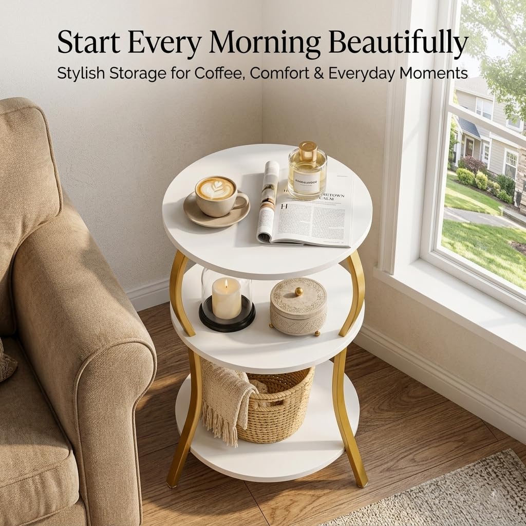Vintage Round End Table, 3-Tier Slim Waist End Table with Storage Shelf, Small Round Table,Sofa Side Table,Small Round Vintage Table (Classic, White+Gold)