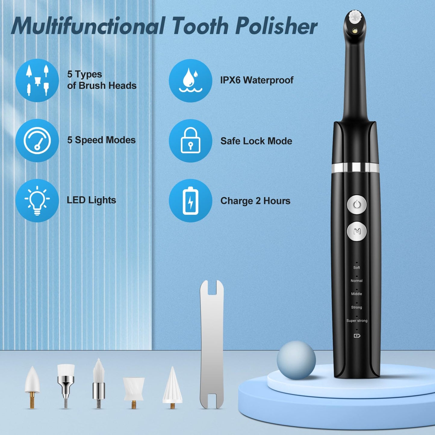 Barlisam Tooth Polisher, Rechargeable Teeth Polisher for Teeth Cleaning, Polishing and Whitening, Electric Dental Polisher Kit with 5 Multifunctional Heads, 5 Speed Modes, and IPX6 Waterproof
