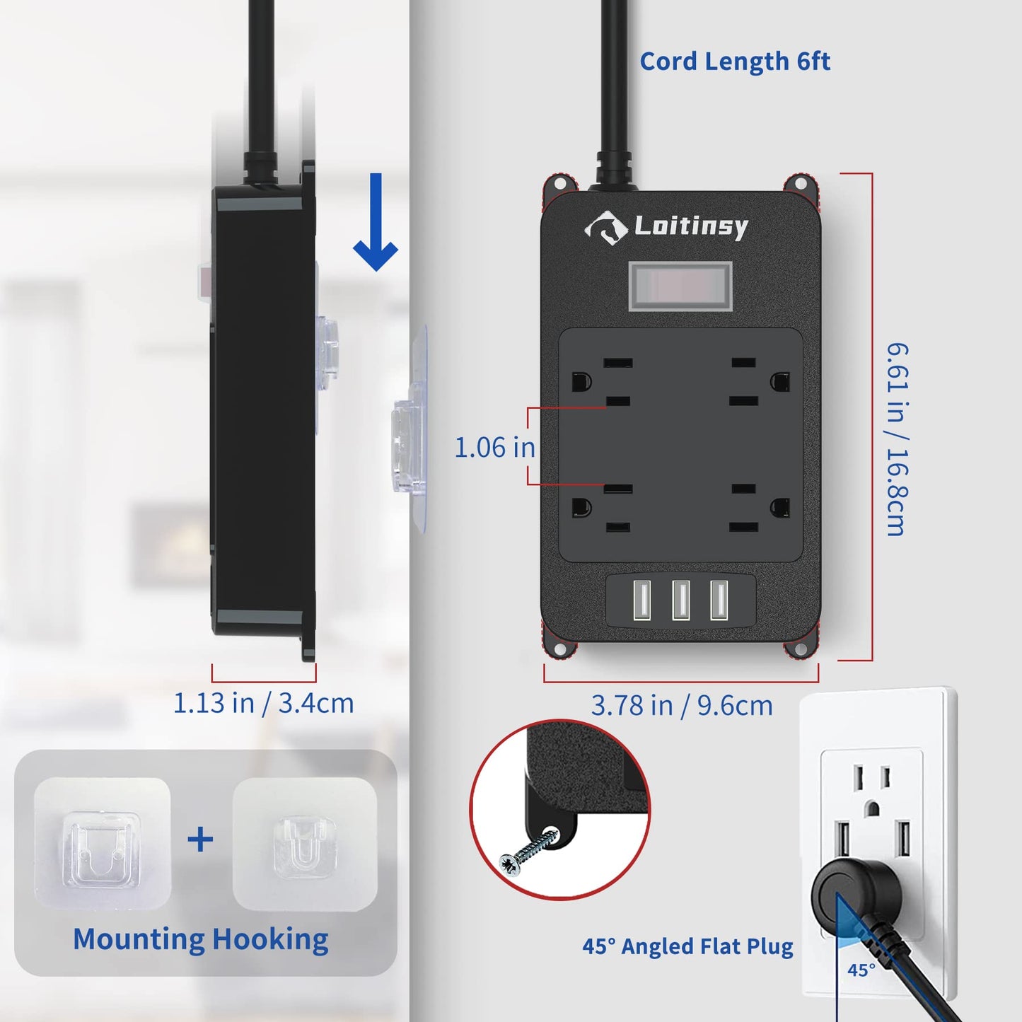 Outdoor Power Bar Waterproof, Outdoor Surge Protector Extension Cord 6 Feet with 4 Outlets, 3 USB Ports, Wall Mountable Power Bar, Overload Protection, Waterproof Outlet Extender for Kitchen, Bathroom