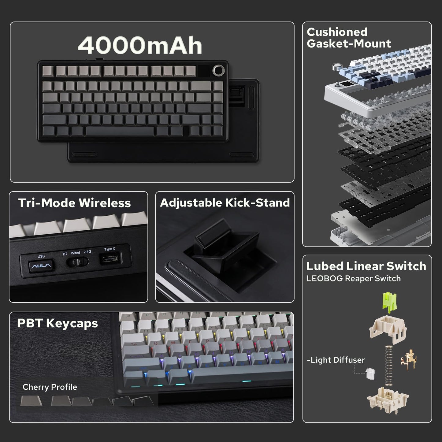 EPOMAKER X Aula F75 MAX Tri-Mode Wireless Gaming Keyboard, TFT Screen, Knob, Hot Swappable, 2.4GHz/Type-C/BT5.0, Gasket Creamy, for PC/Mac/Office/Gaming (Black Gradient)